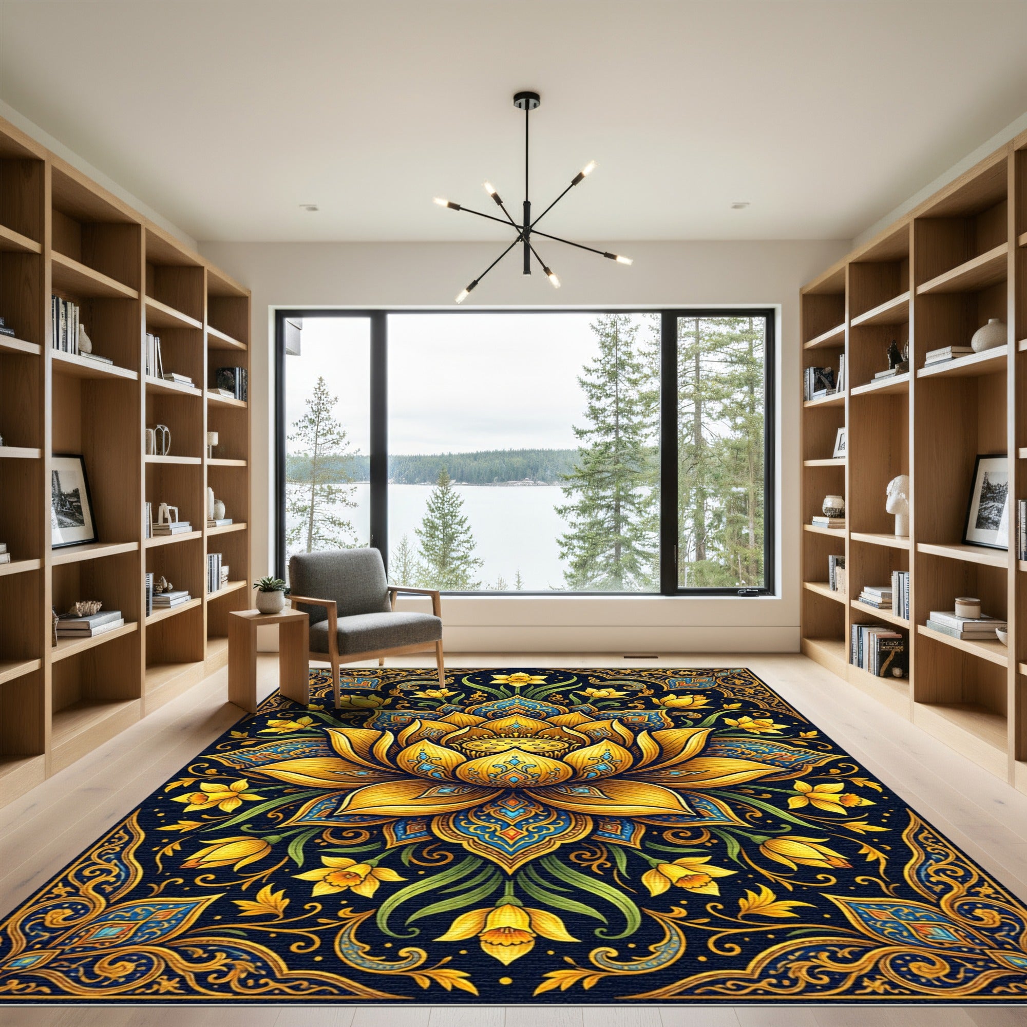Golden Lotus Narcissus Floral Medallion Rug
