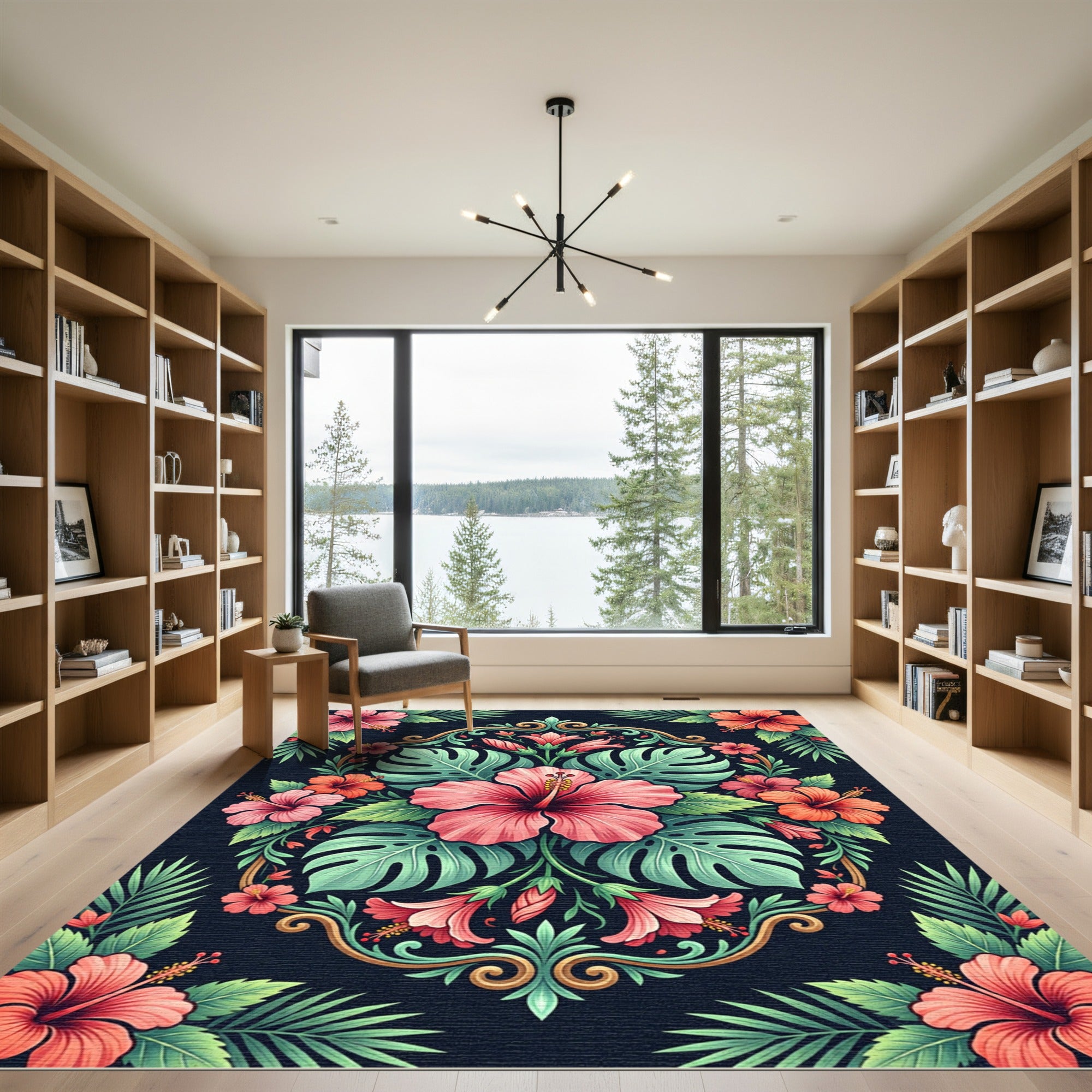 Vibrant Tropical Hibiscus Botanical Medallion Rug
