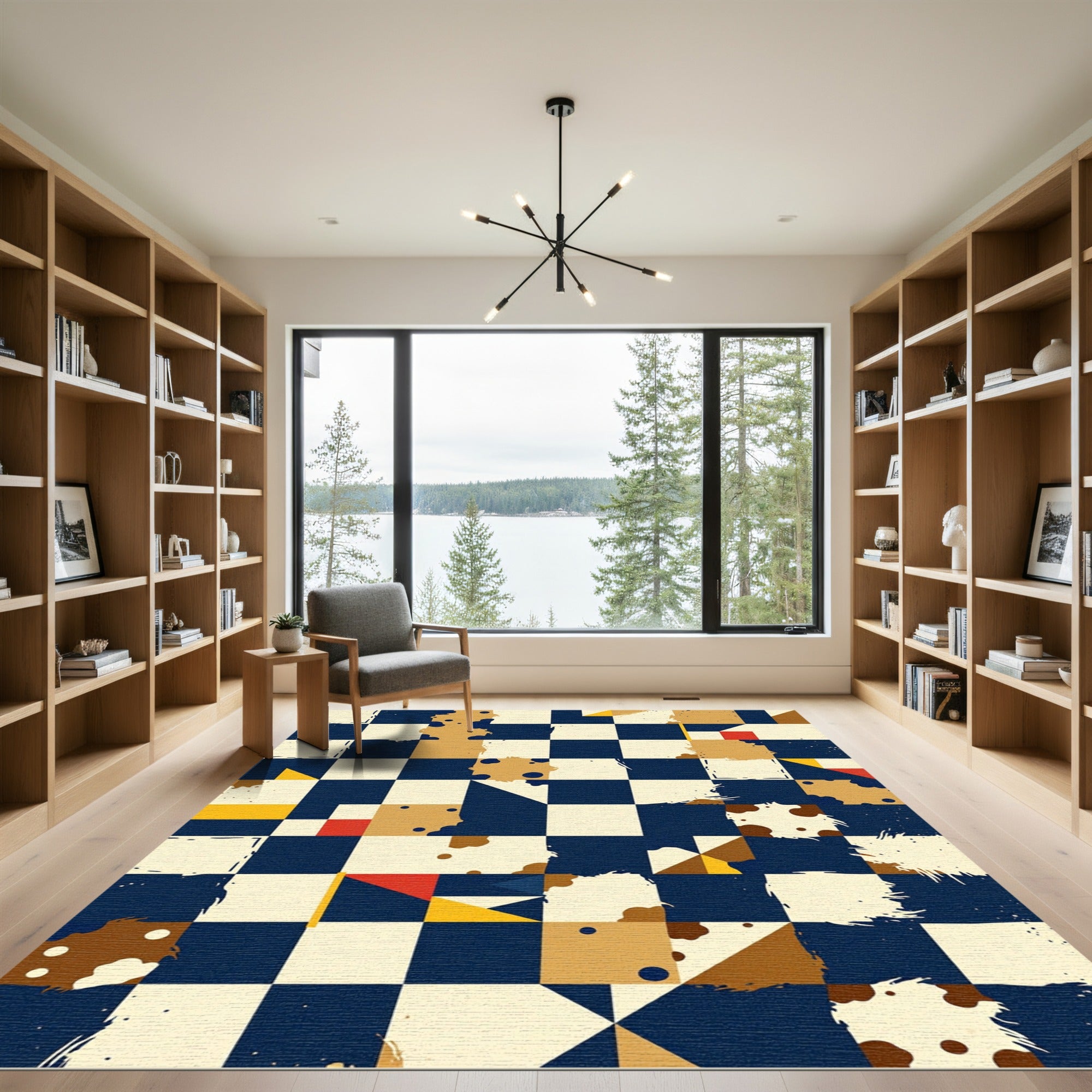 Abstract Navy Ochre Bauhaus Geometric Grid Rug