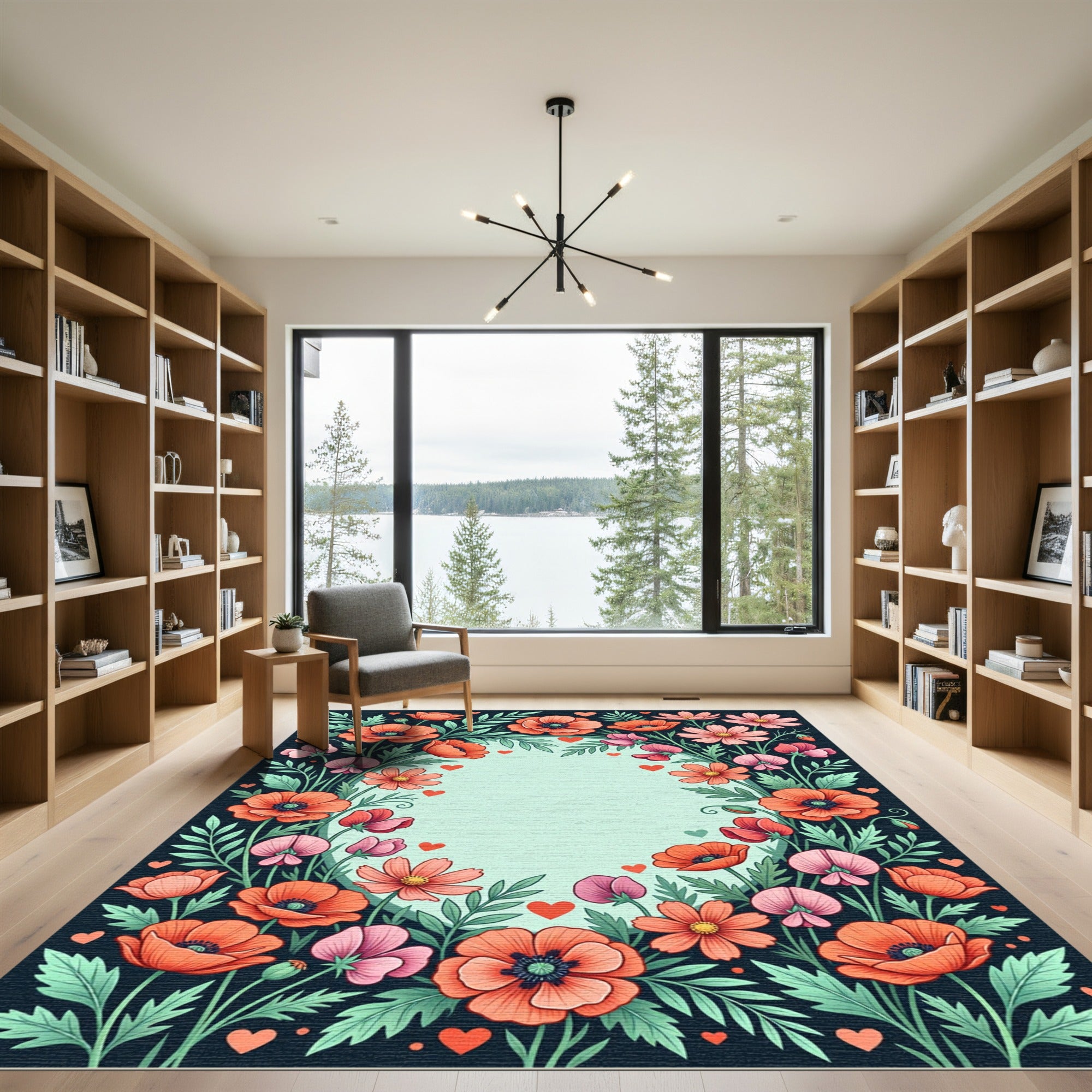 Whimsical Coral Poppy Garden Border Rug