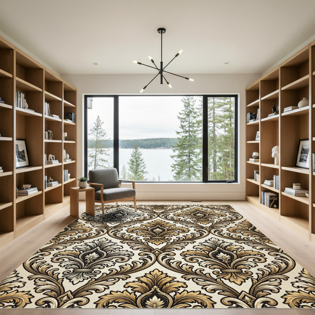 Vintage Gold and Black Damask Rug