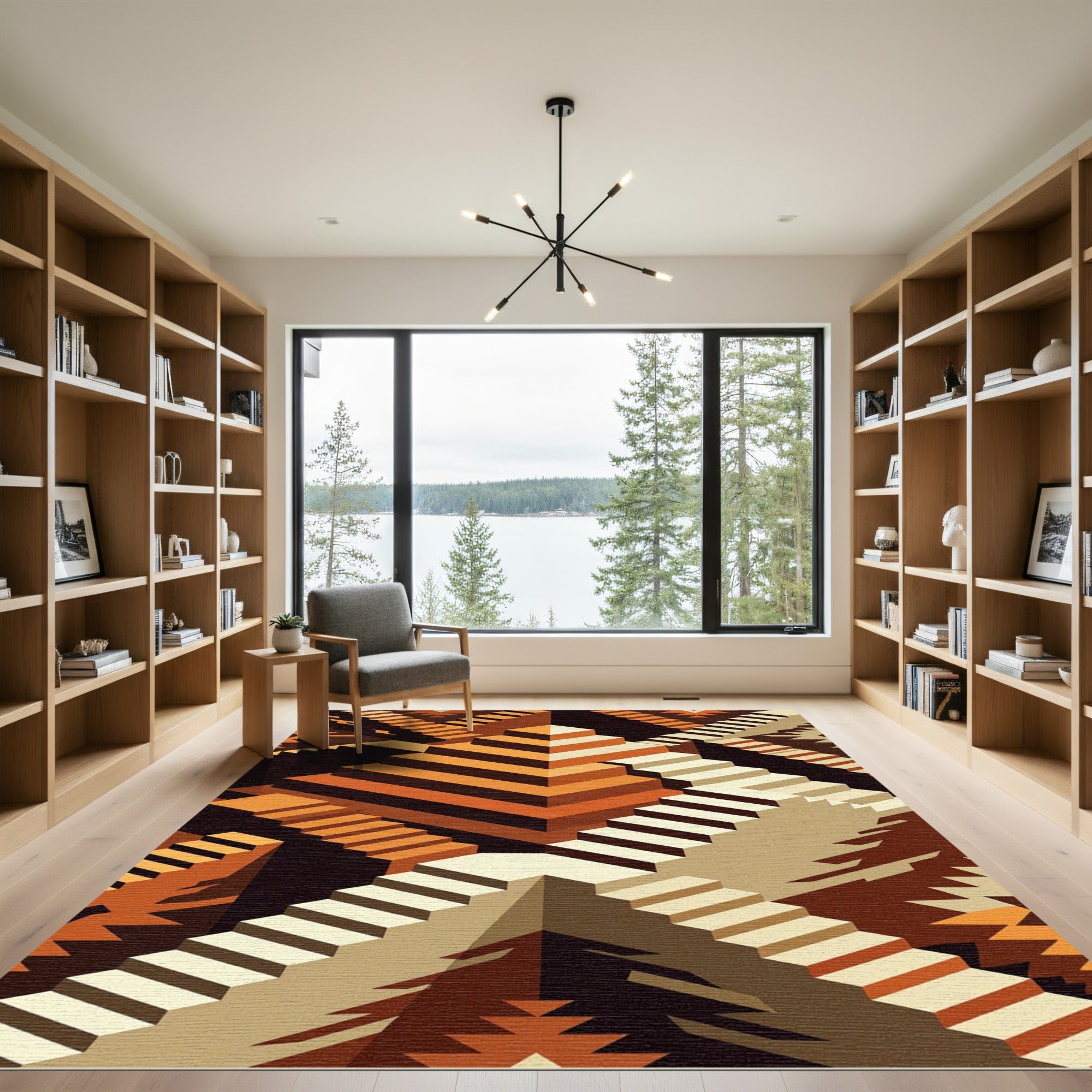 Geometric Terracotta Step Pyramid Staircase Rug