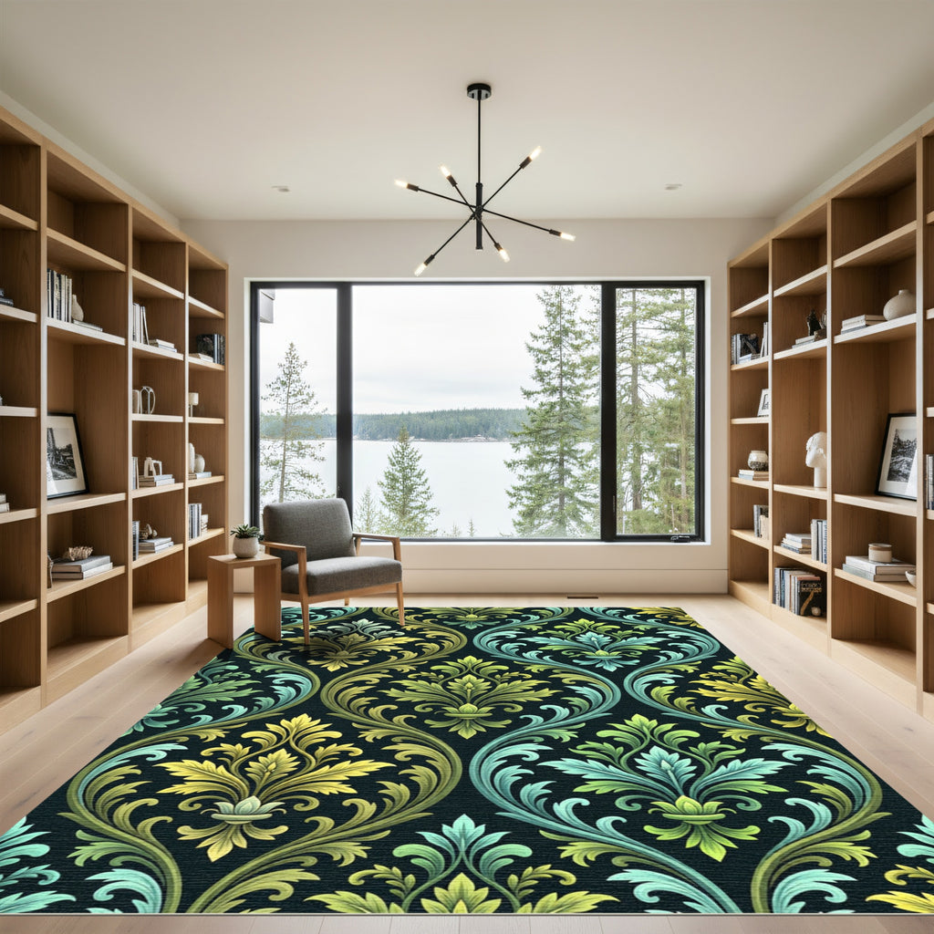 Ornate Teal Yellow Scrolling Flourish Rug