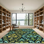 Ornate Teal Yellow Scrolling Flourish Rug