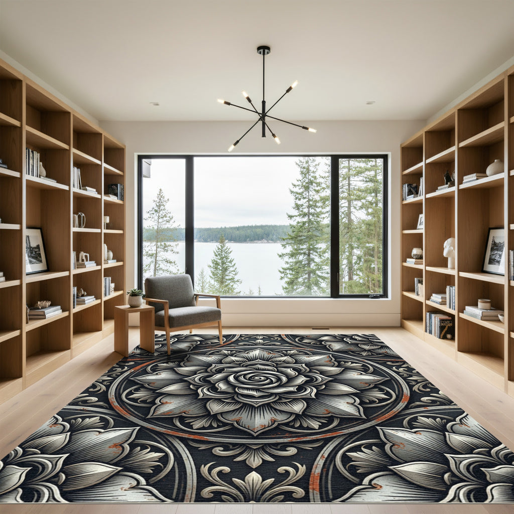Weathered Silver Metallic Floral Medallion Rug