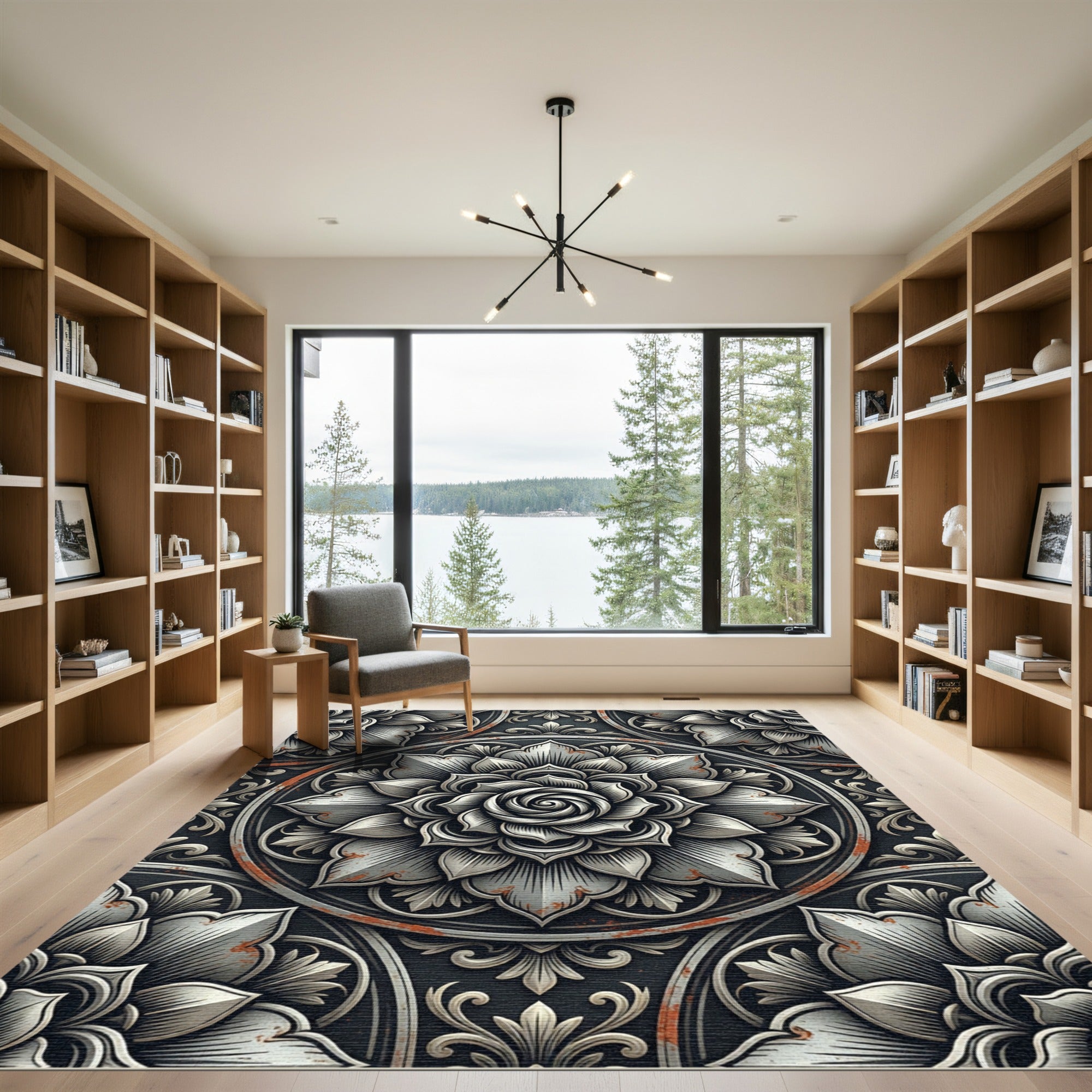 Weathered Silver Metallic Floral Medallion Rug
