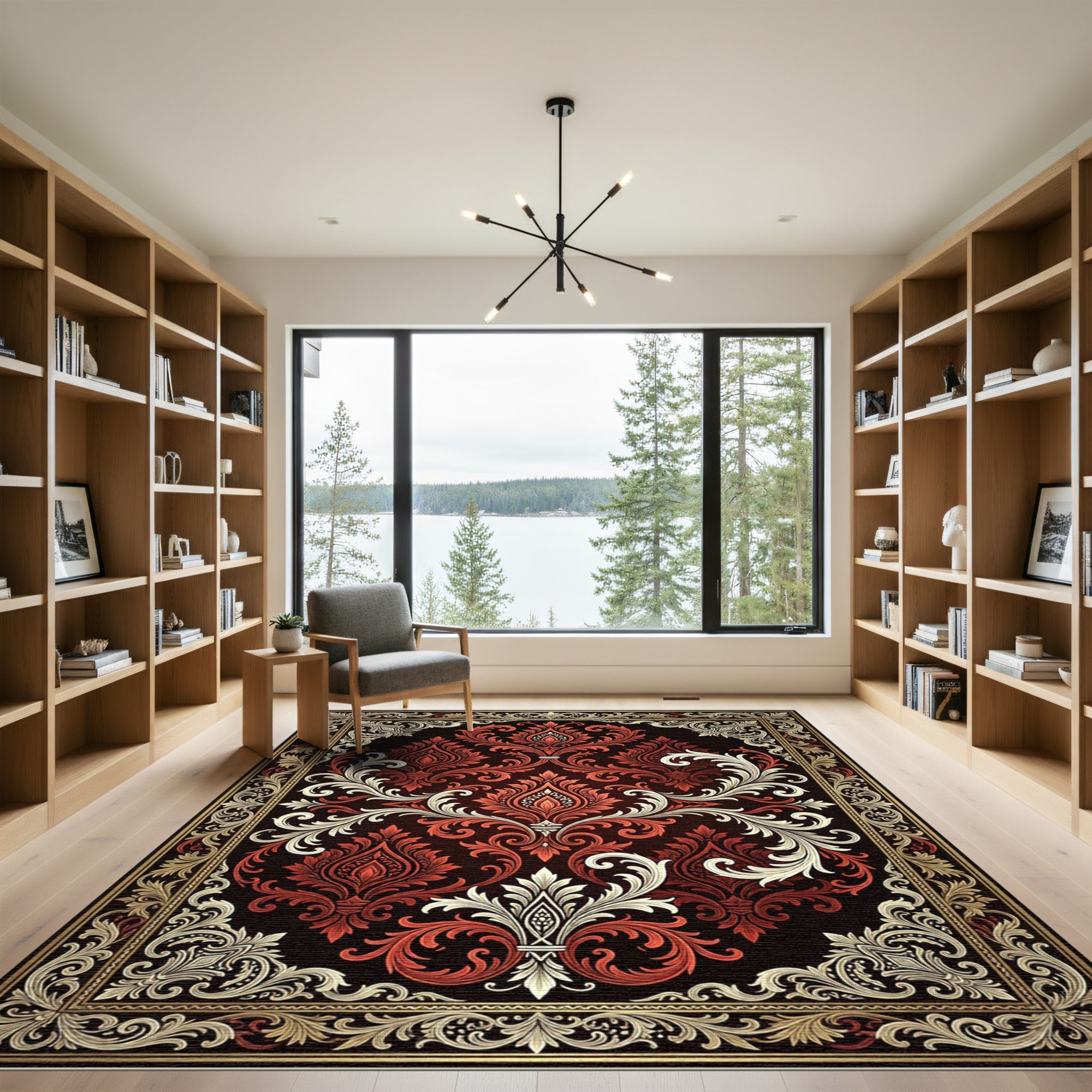 Ornate Crimson Floral Damask Medallion Rug