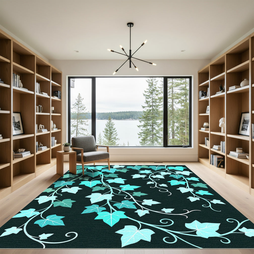 Cool Aqua Leafy Vine Cascade Rug