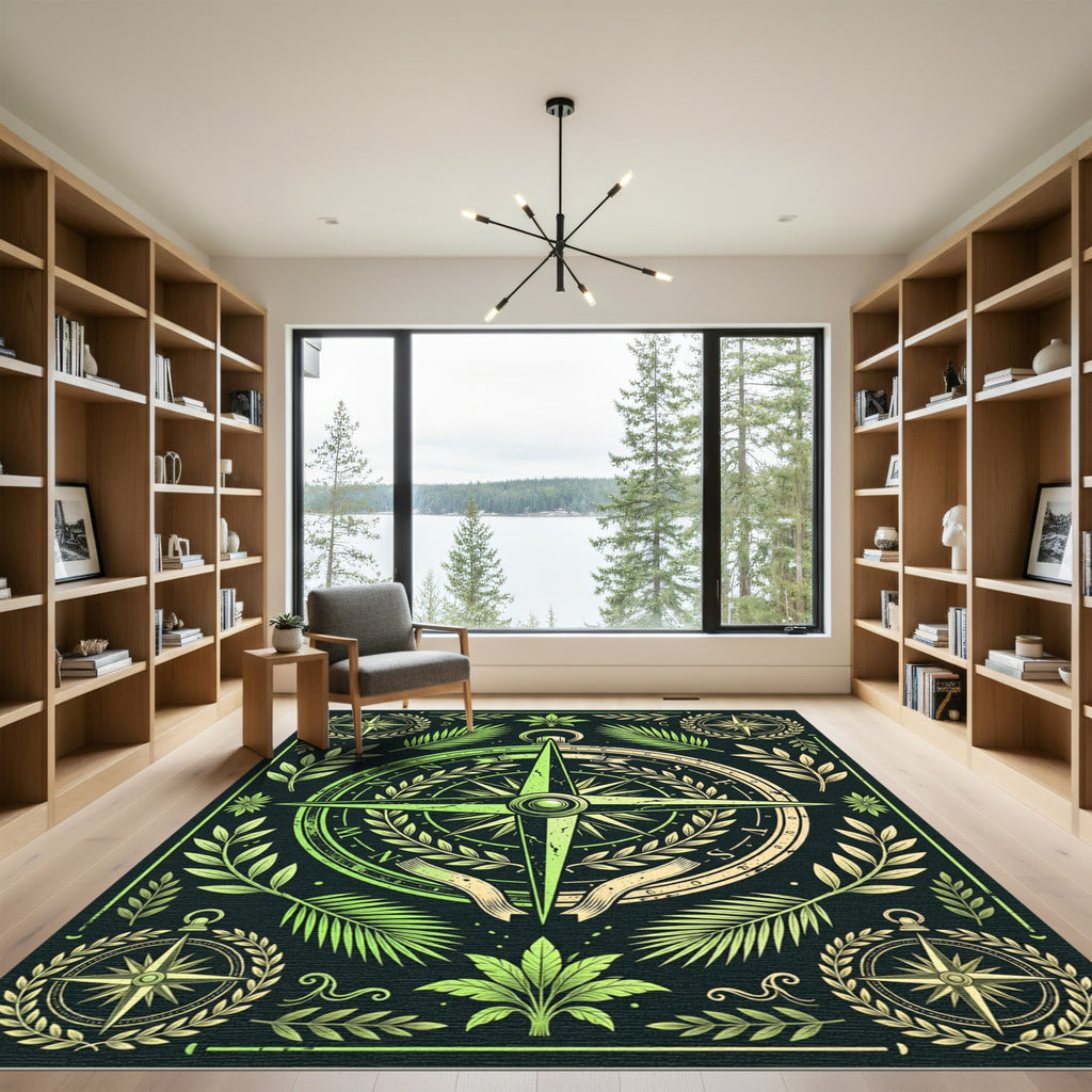 Green Botanical Compass Nautical Illustration Rug