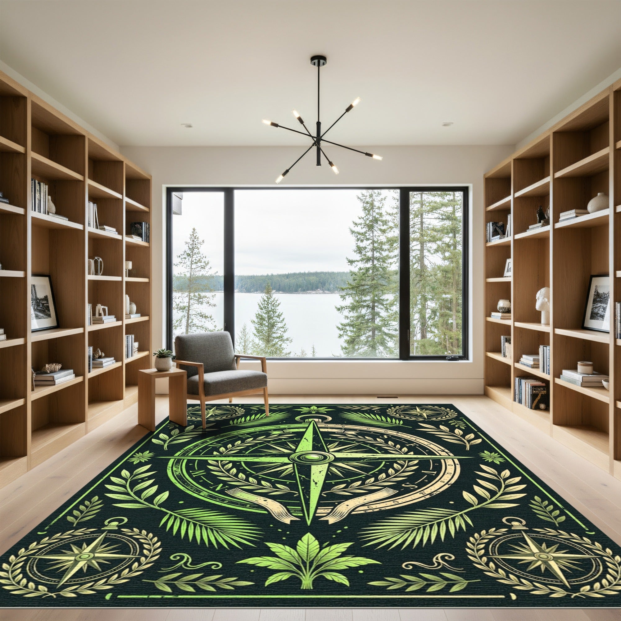 Green Botanical Compass Nautical Illustration Rug