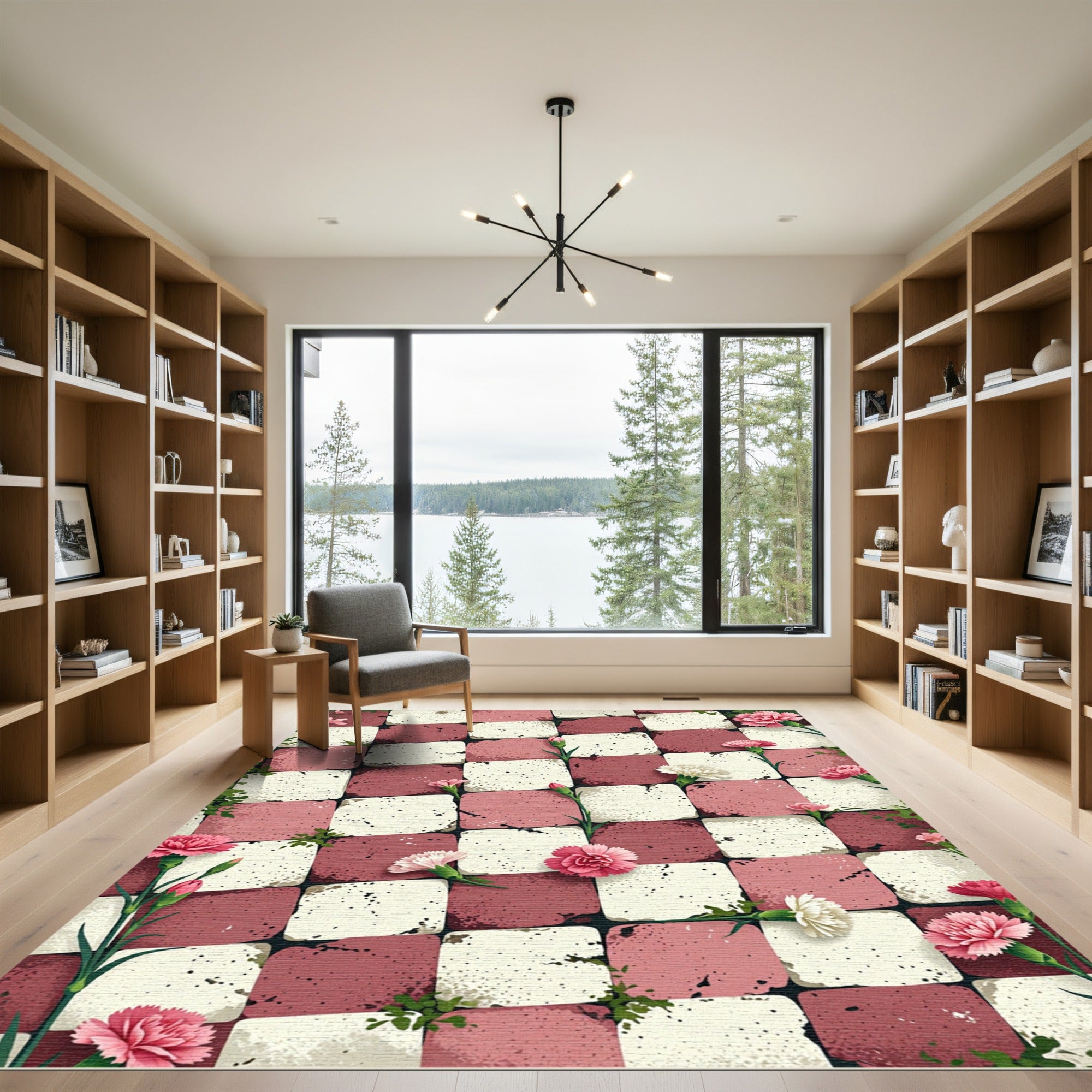 Pink White Checkerboard Floral Rug