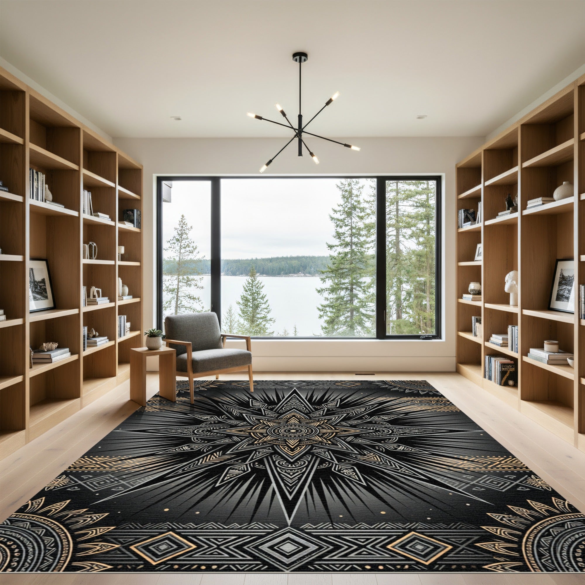Celestial Gold and Obsidian Starburst Rug
