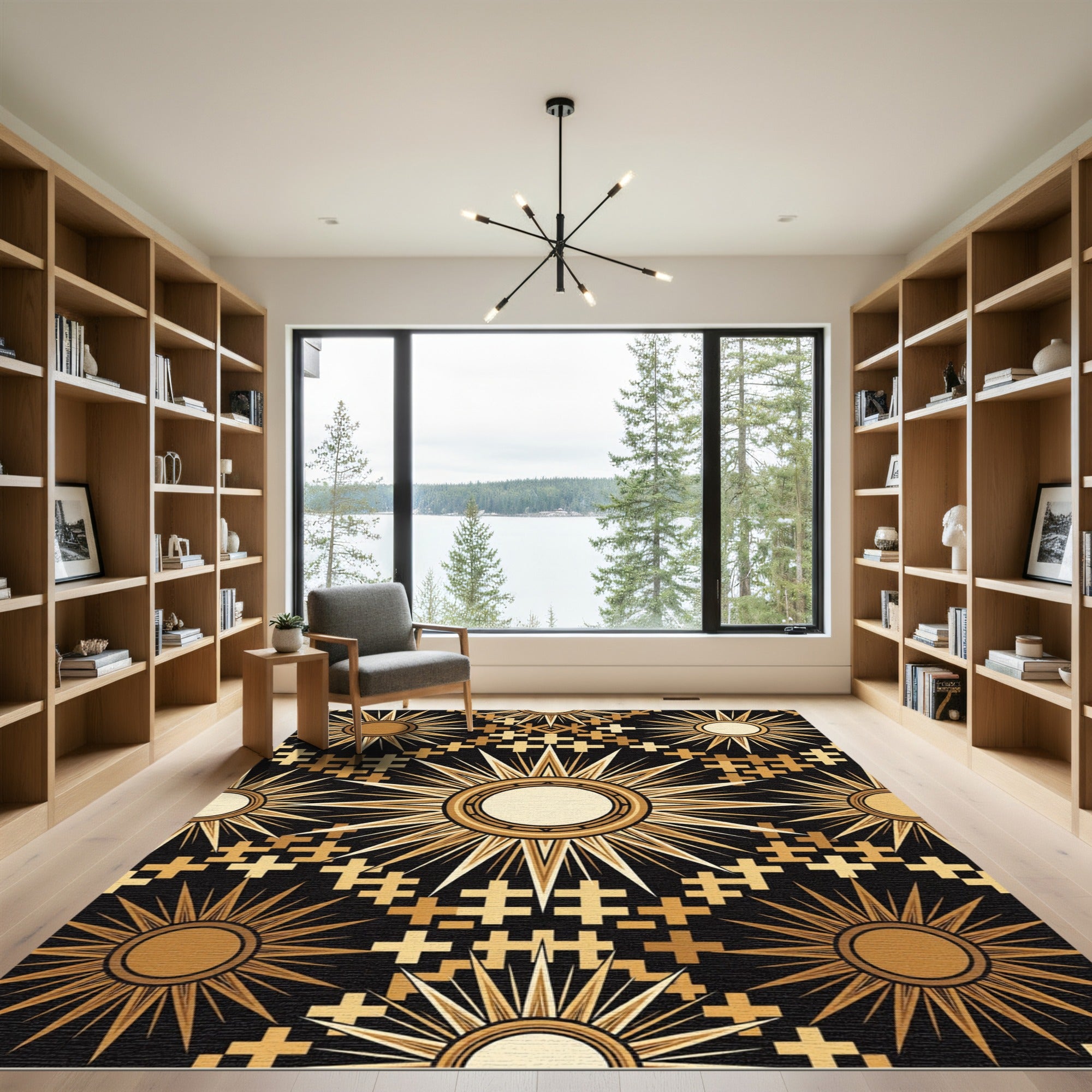 Celestial Gold Sunburst Geometric Emblem Rug