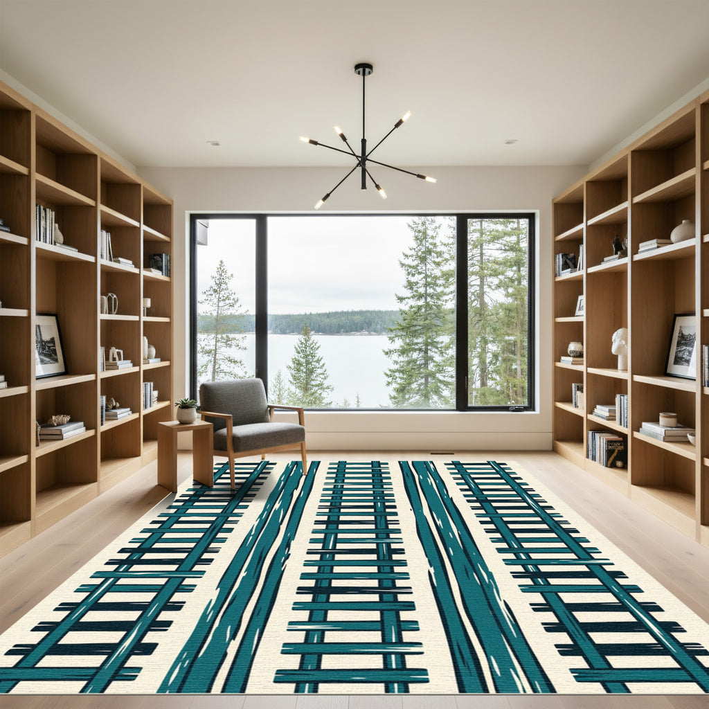 Teal Striped Ladder Geometric Abstract Rug