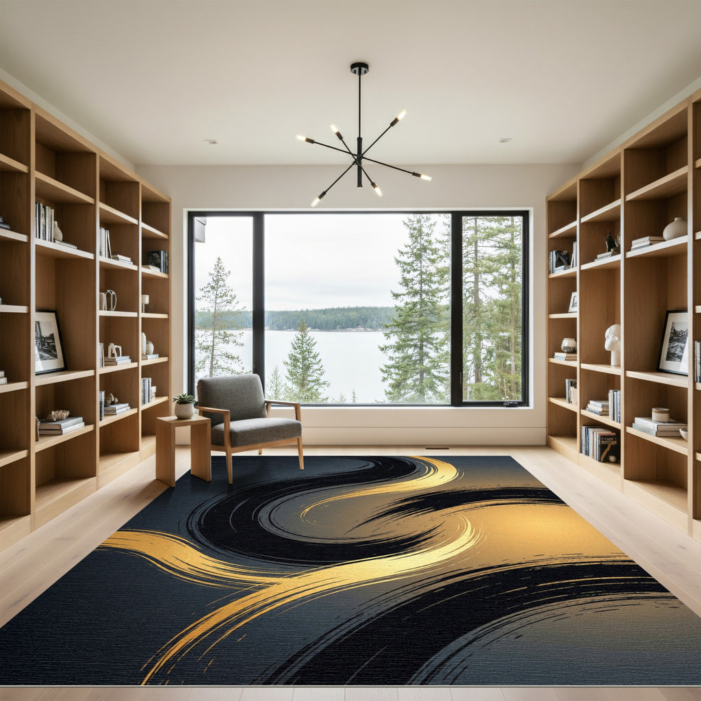 Abstract Golden Swirl Brush Stroke Rug