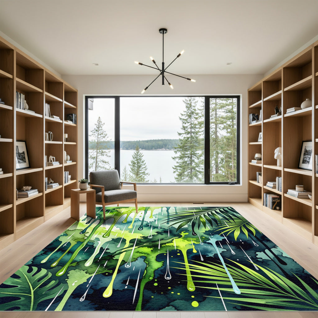 Green Drips Tropical Leaves Watercolor Rug