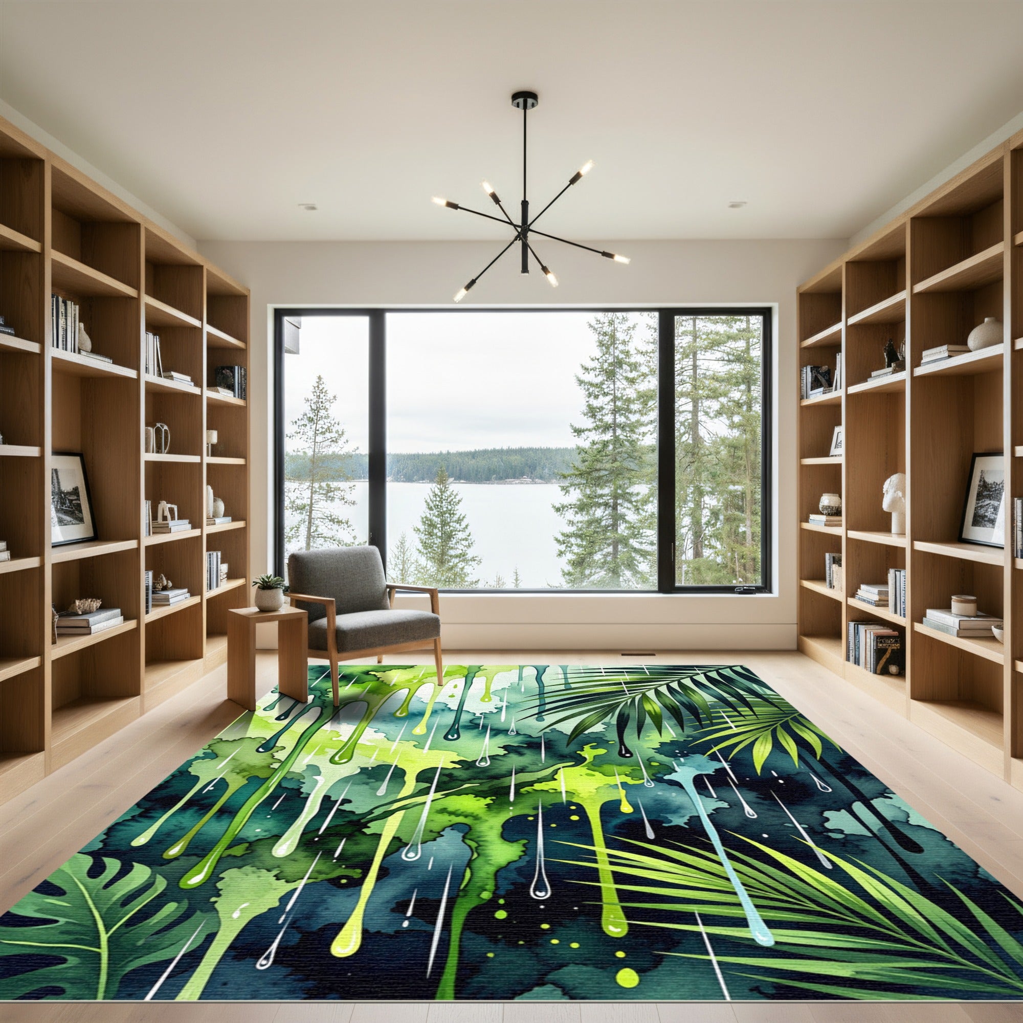 Green Drips Tropical Leaves Watercolor Rug