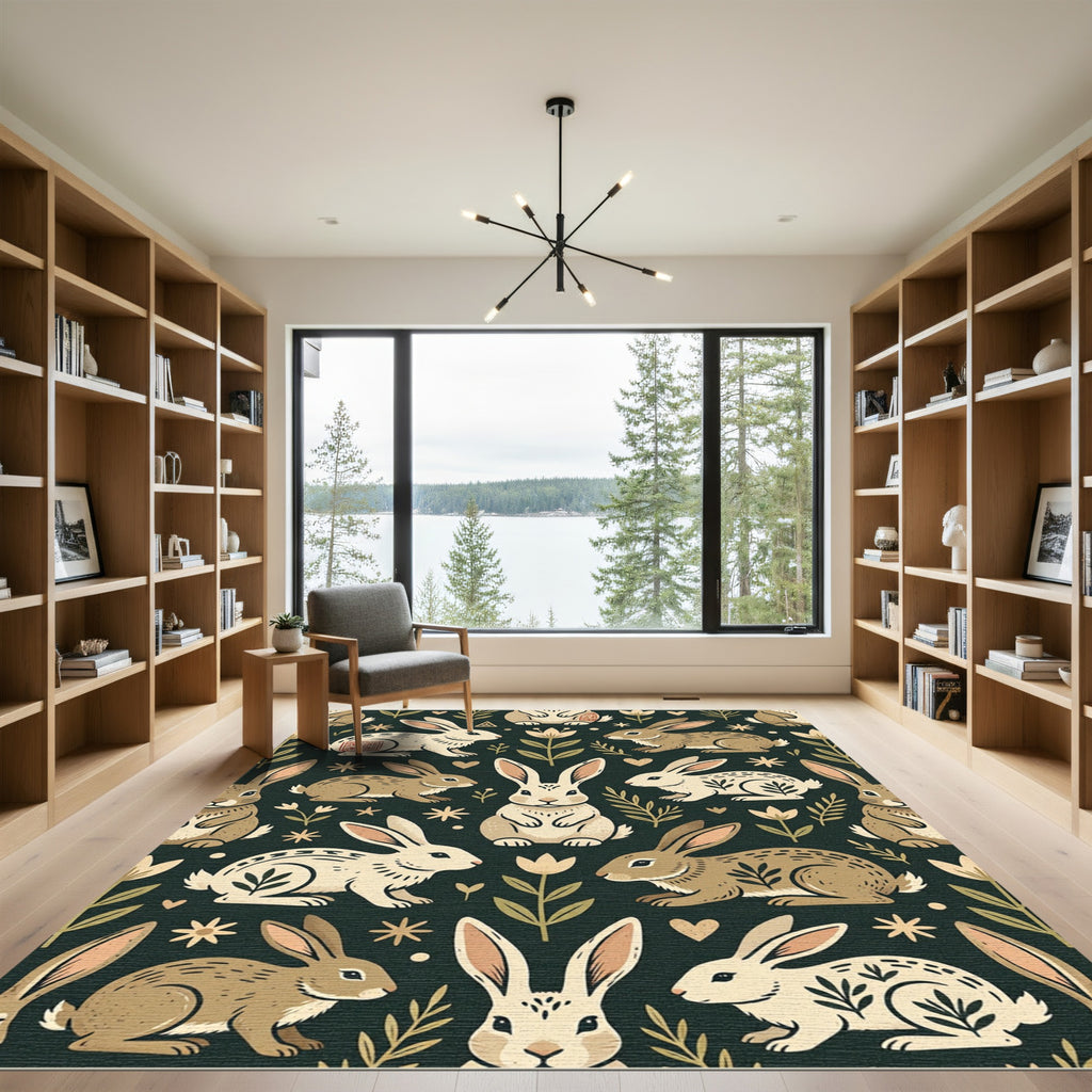 Earthy Folk Art Rabbit Forest Rug
