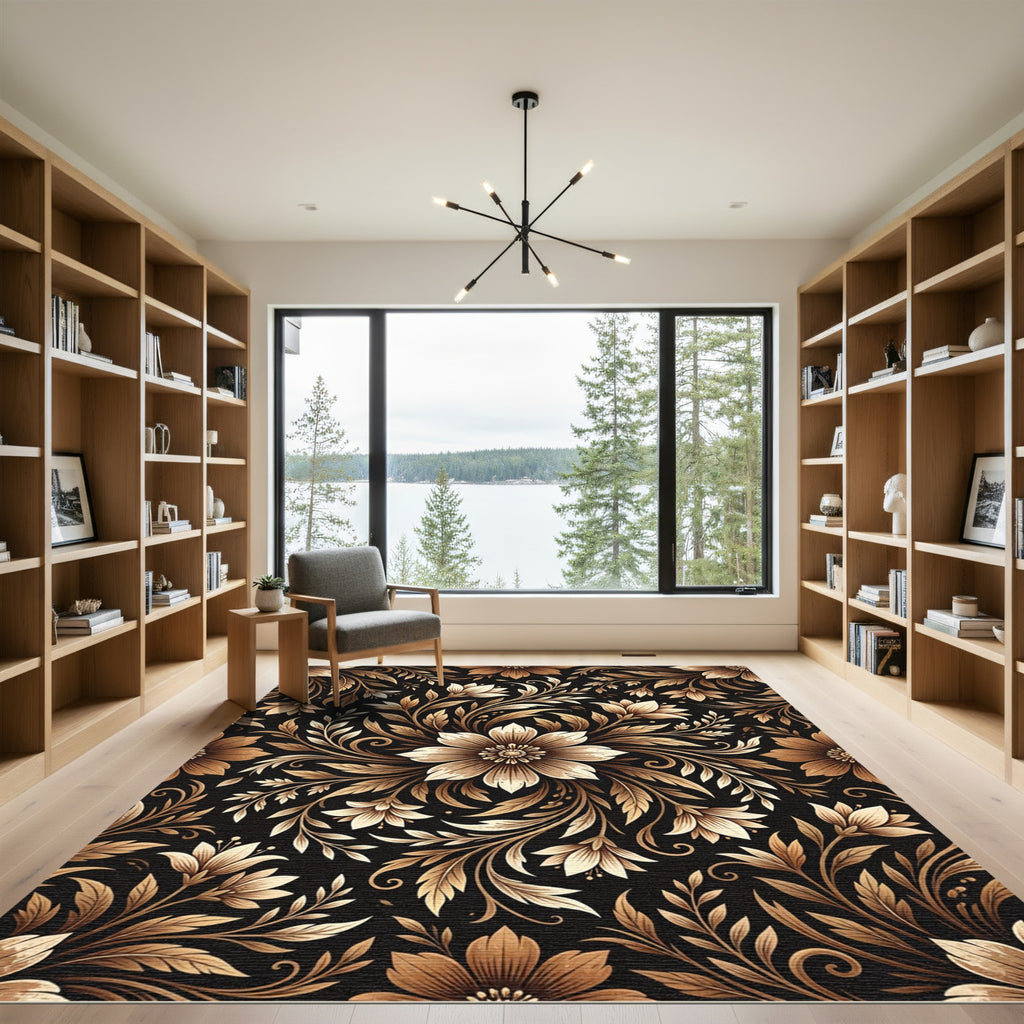 Elegant Gold Floral Botanical Medallion Rug