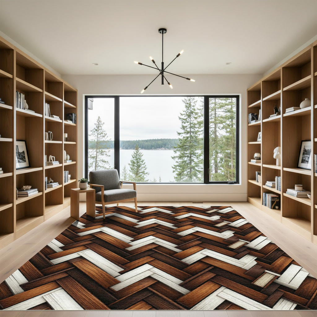 Textured Herringbone Weave in Walnut and Ivory Rug