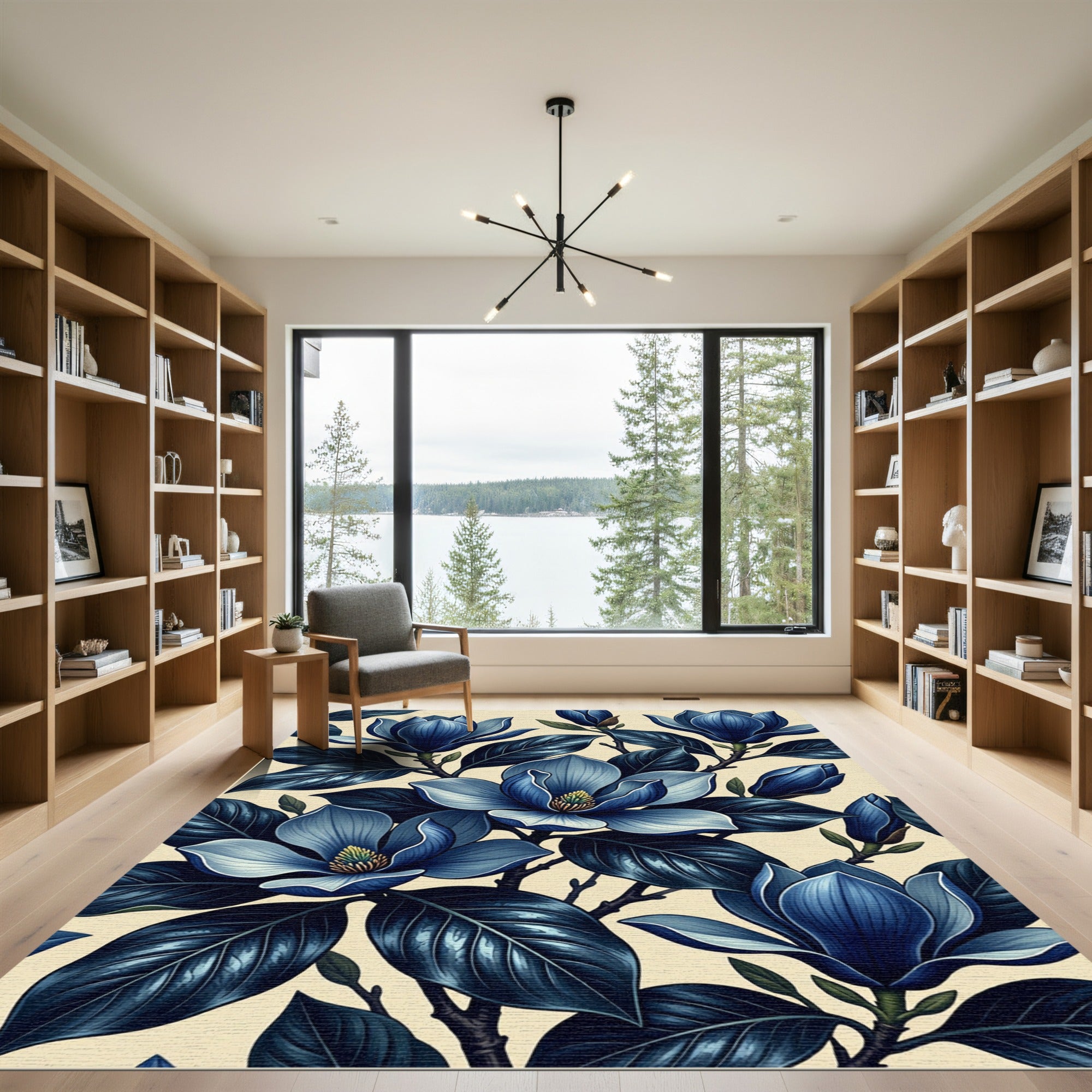 Stunning Midnight Blue Magnolia Blossom Rug