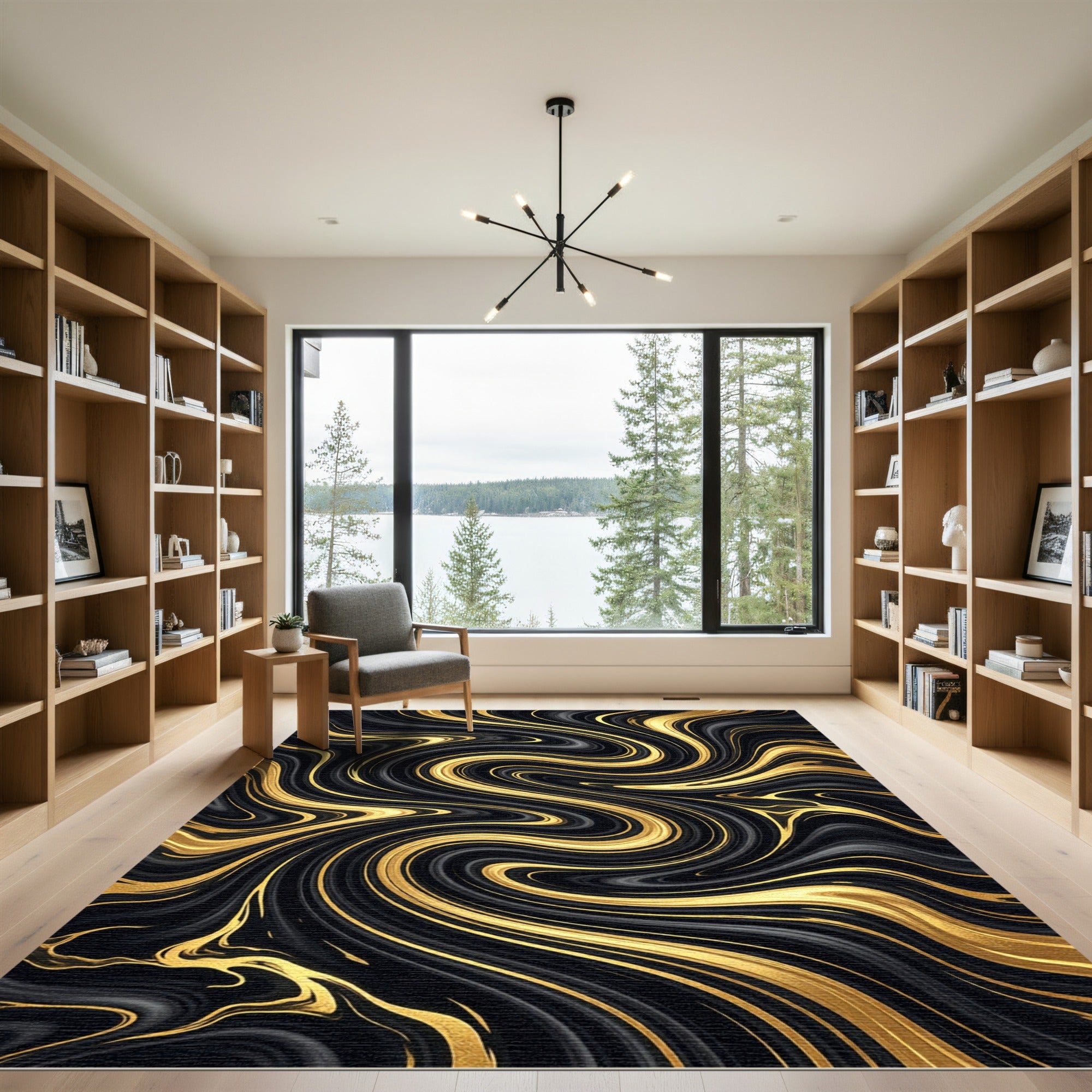 Liquid Black and Gold Abstract Swirl Rug