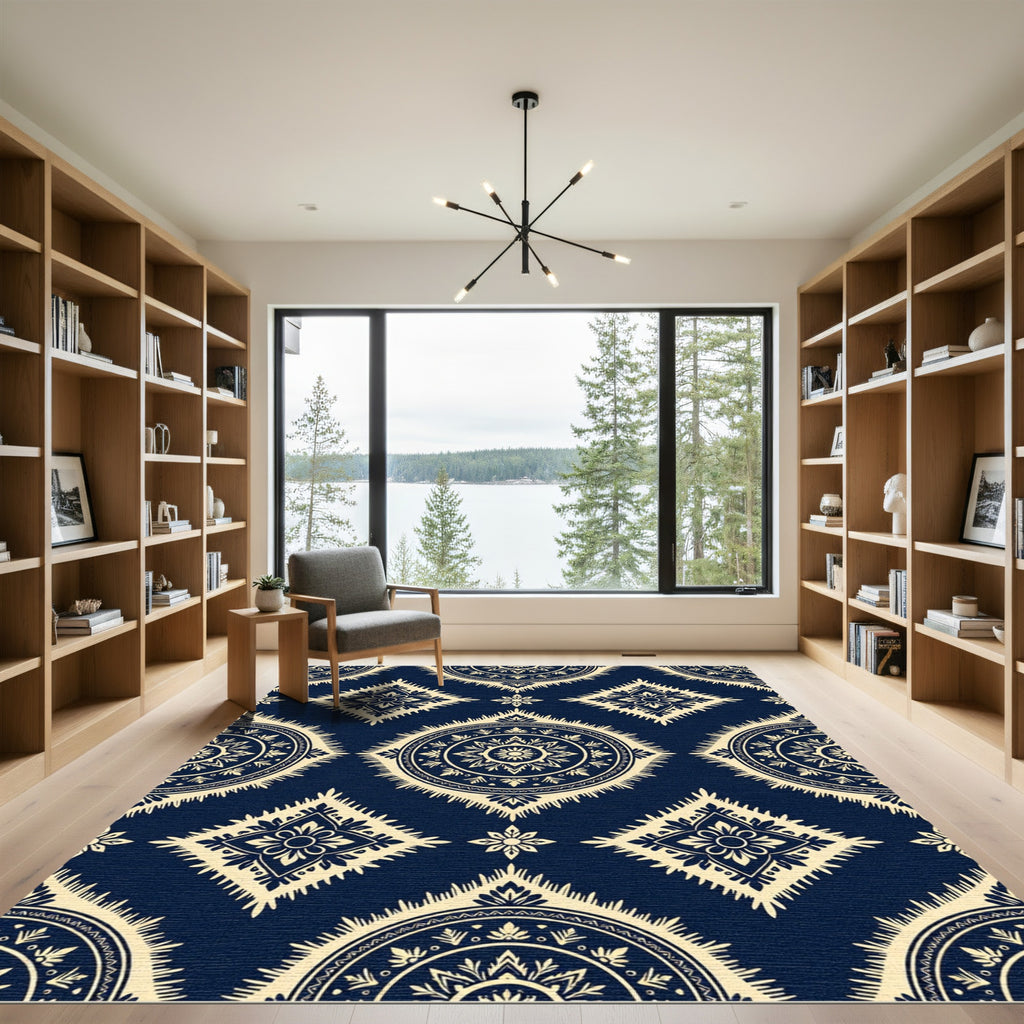Navy Cream Ikat Radial Medallion Rug