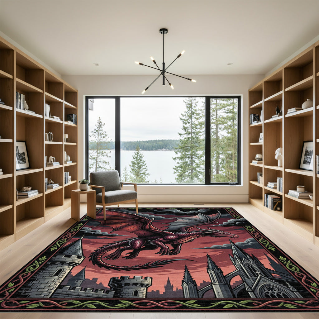 Gothic Crimson Dragon Fortress Wall Art Rug