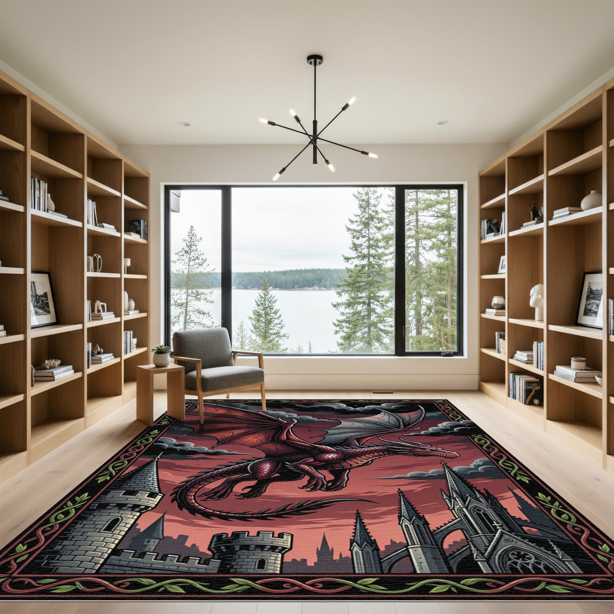 Gothic Crimson Dragon Fortress Wall Art Rug
