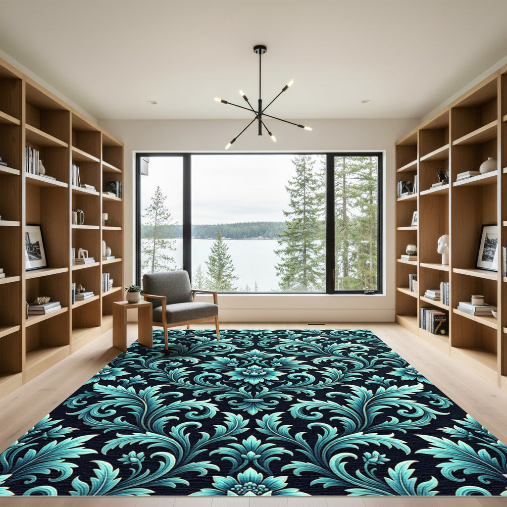 Elegant Teal Damask Floral Scroll Rug