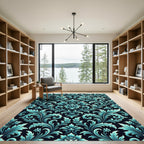 Elegant Teal Damask Floral Scroll Rug