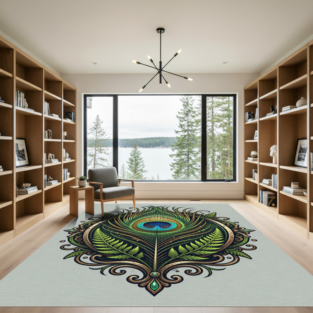 Ornate Emerald Peacock Feather Medallion Rug
