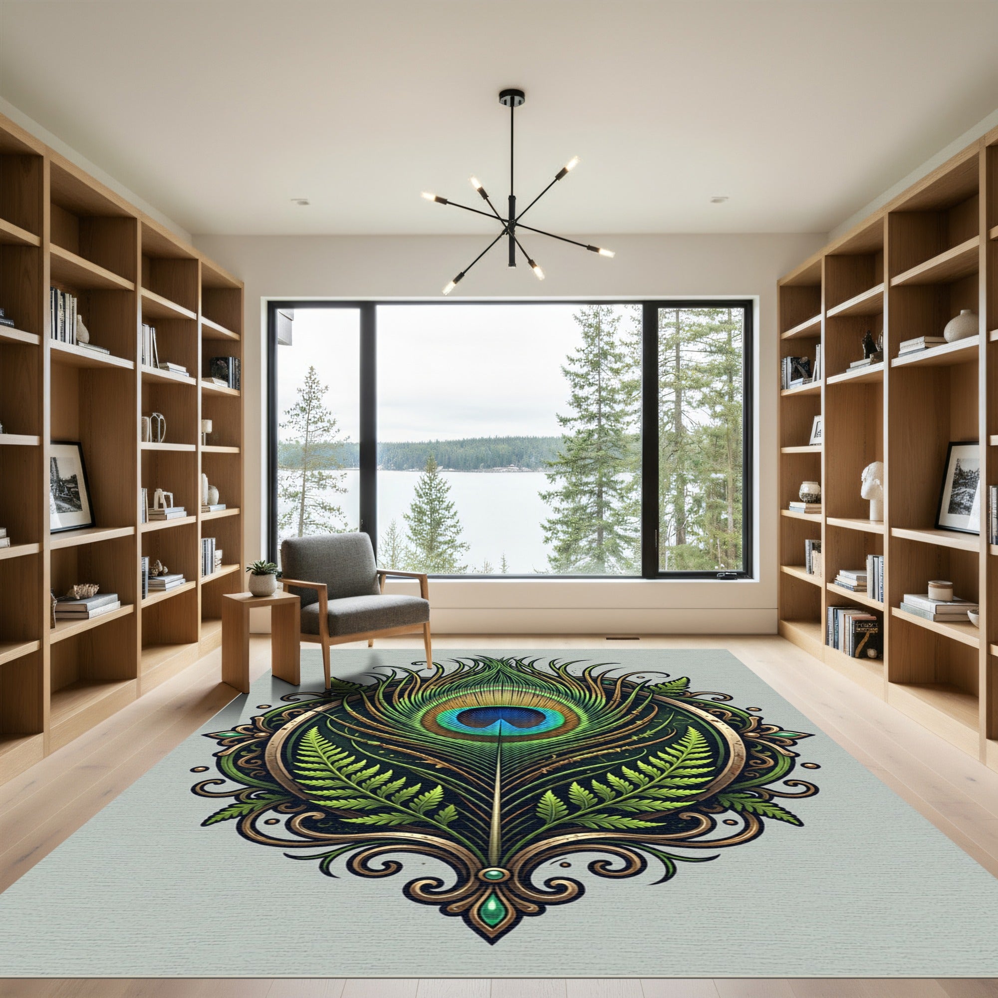 Ornate Emerald Peacock Feather Medallion Rug