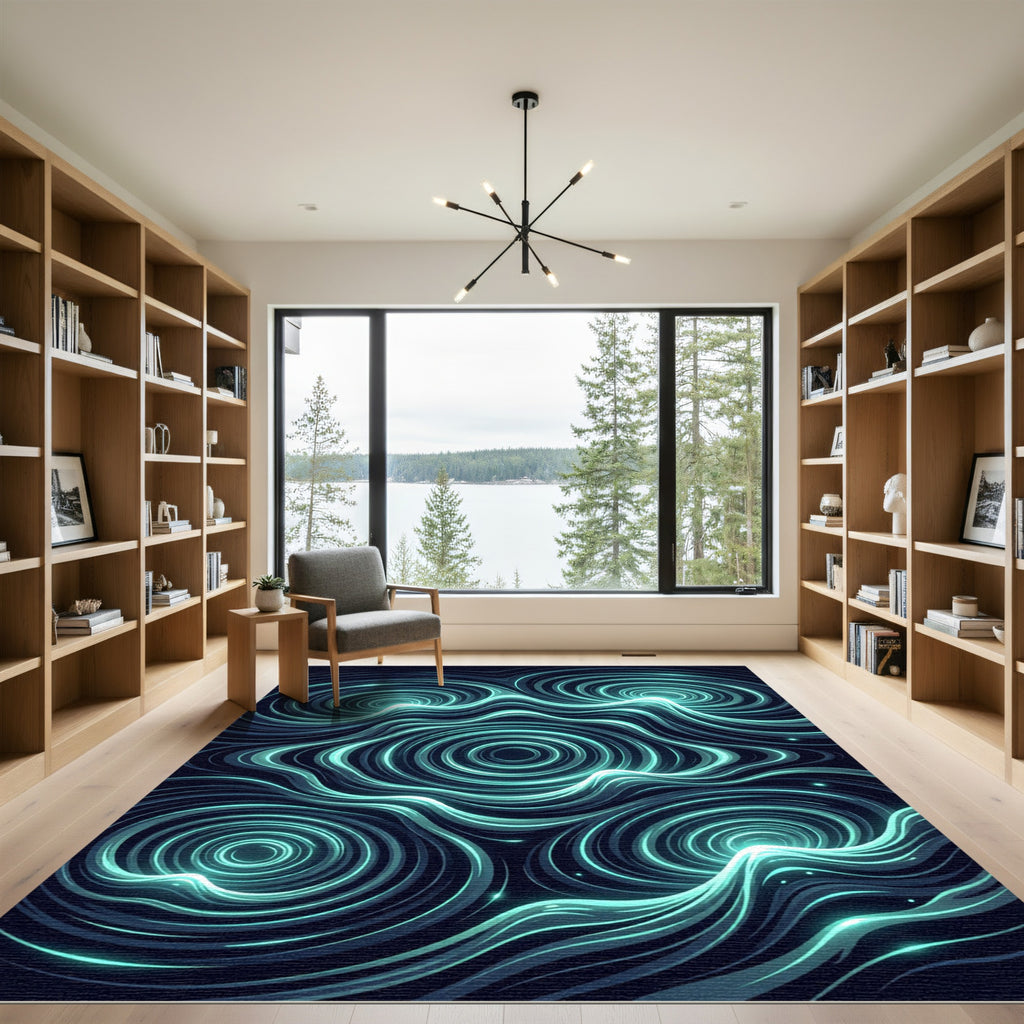 Luminous Cyan Abstract Cosmic Swirl Rug