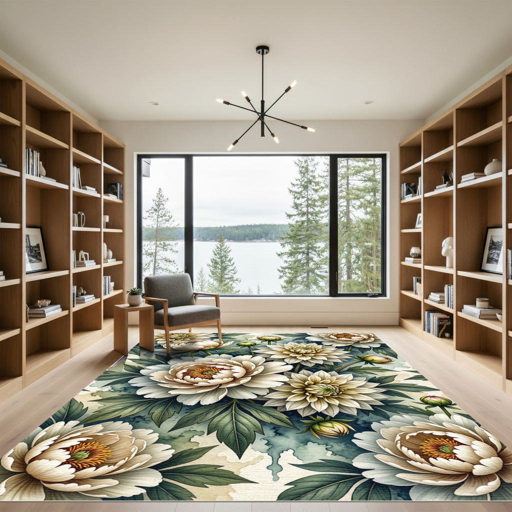 Elegant Cream Peony Watercolor Botanical Rug