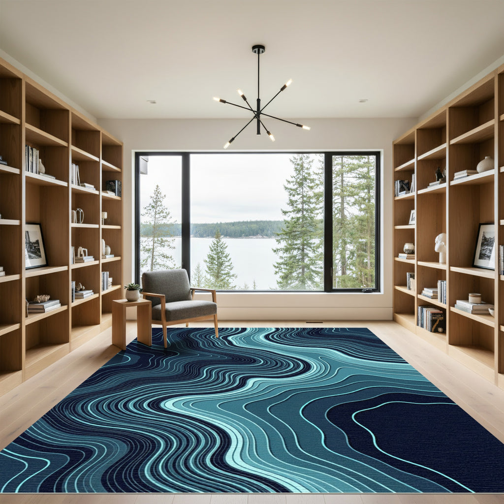 Modern Cyan Oceanic Wavy Abstract Flow Rug
