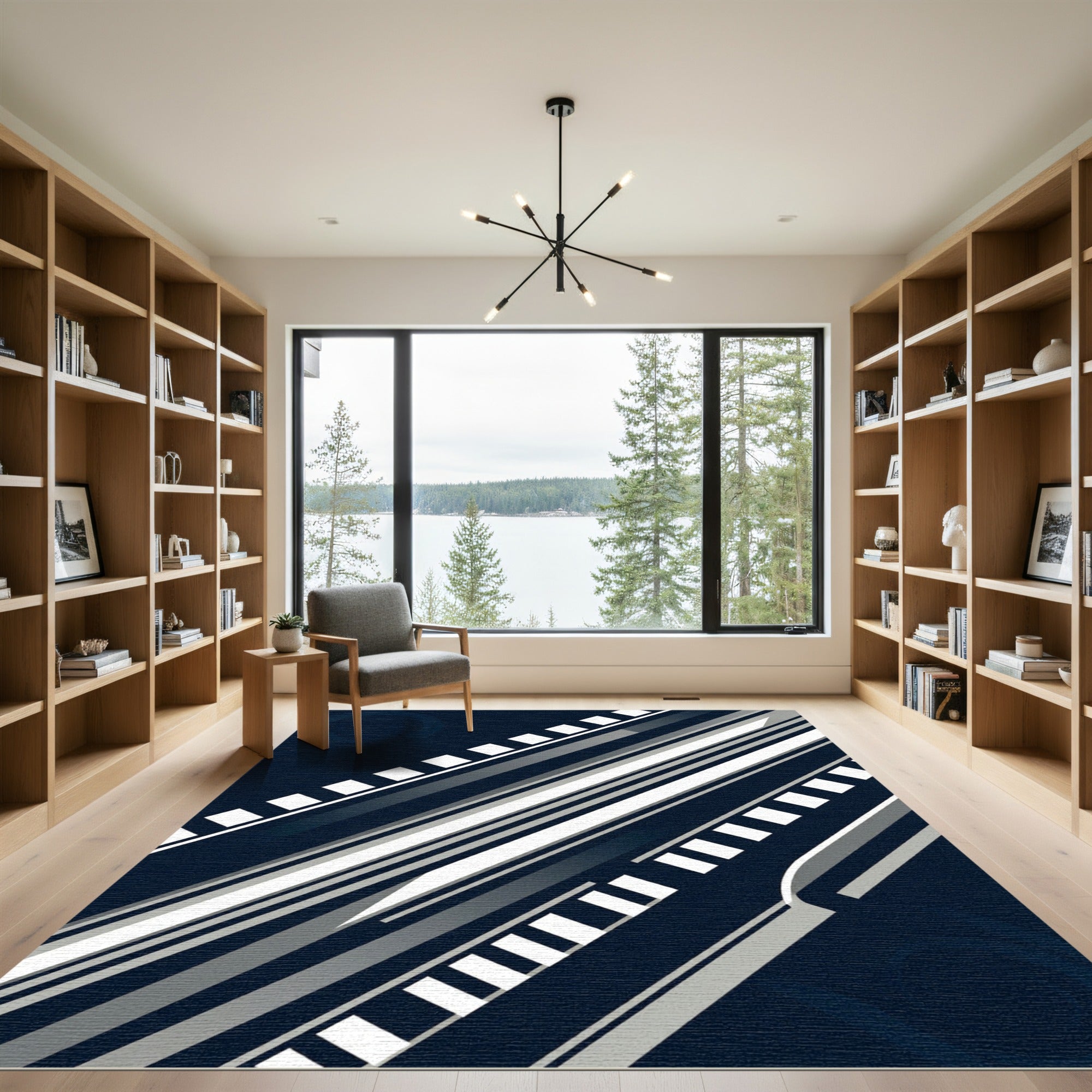 Minimalist Navy Geometric Diagonal Stripe Rug