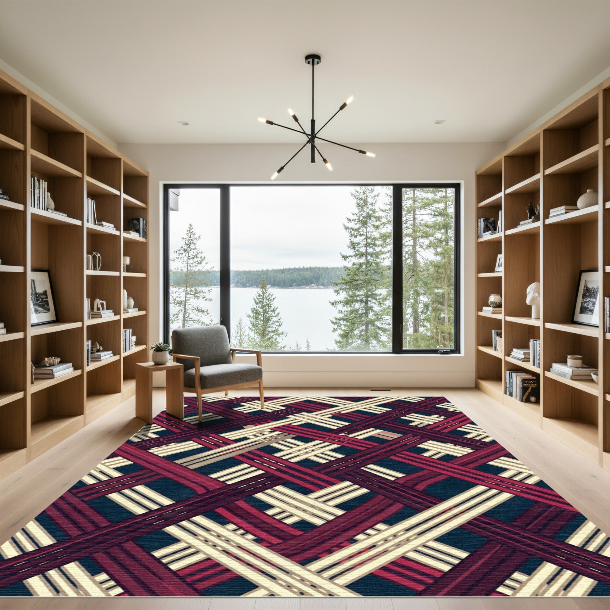 Deep Navy Crimson Woven Lattice Rug