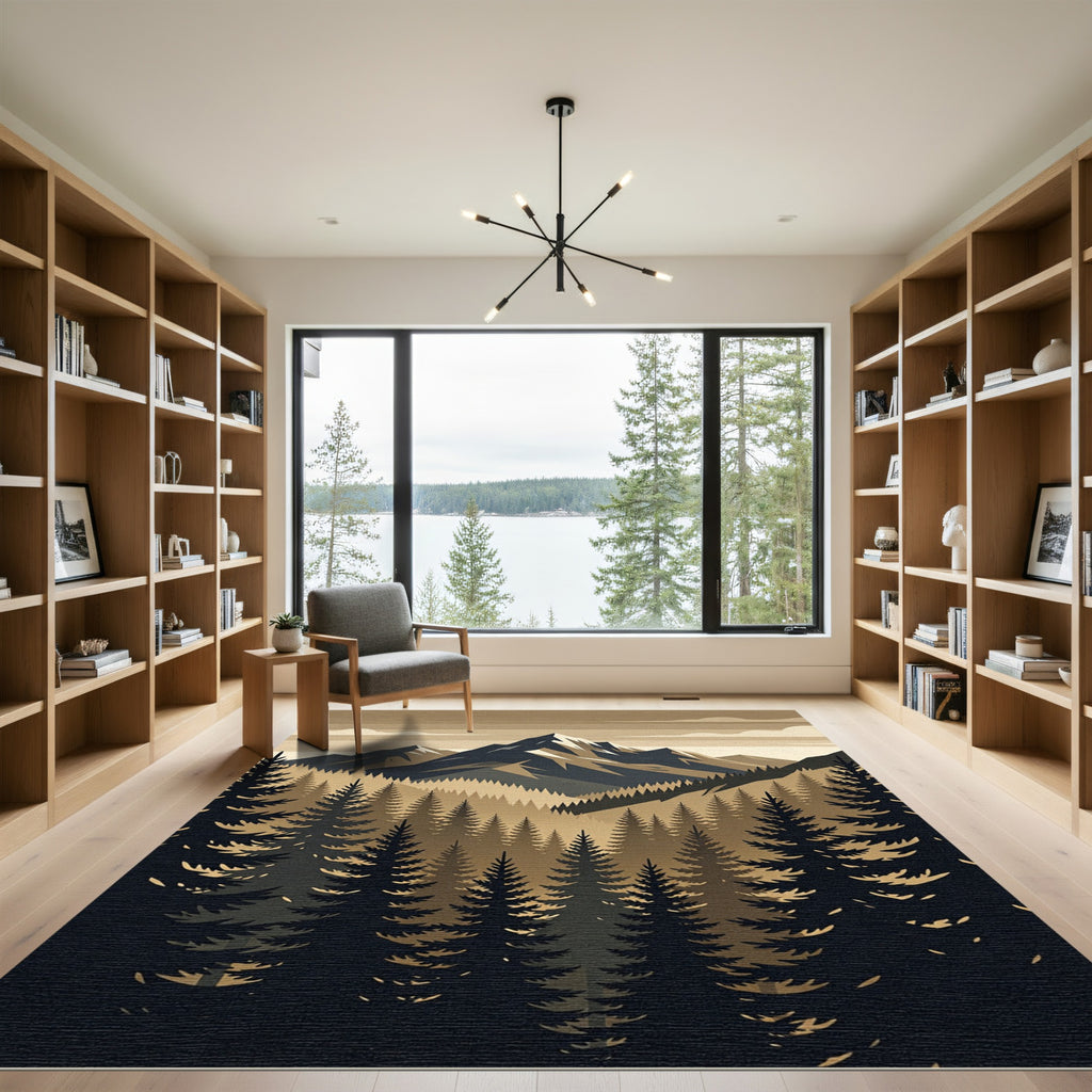 Earthy Sepia Mountain Forest Landscape Rug