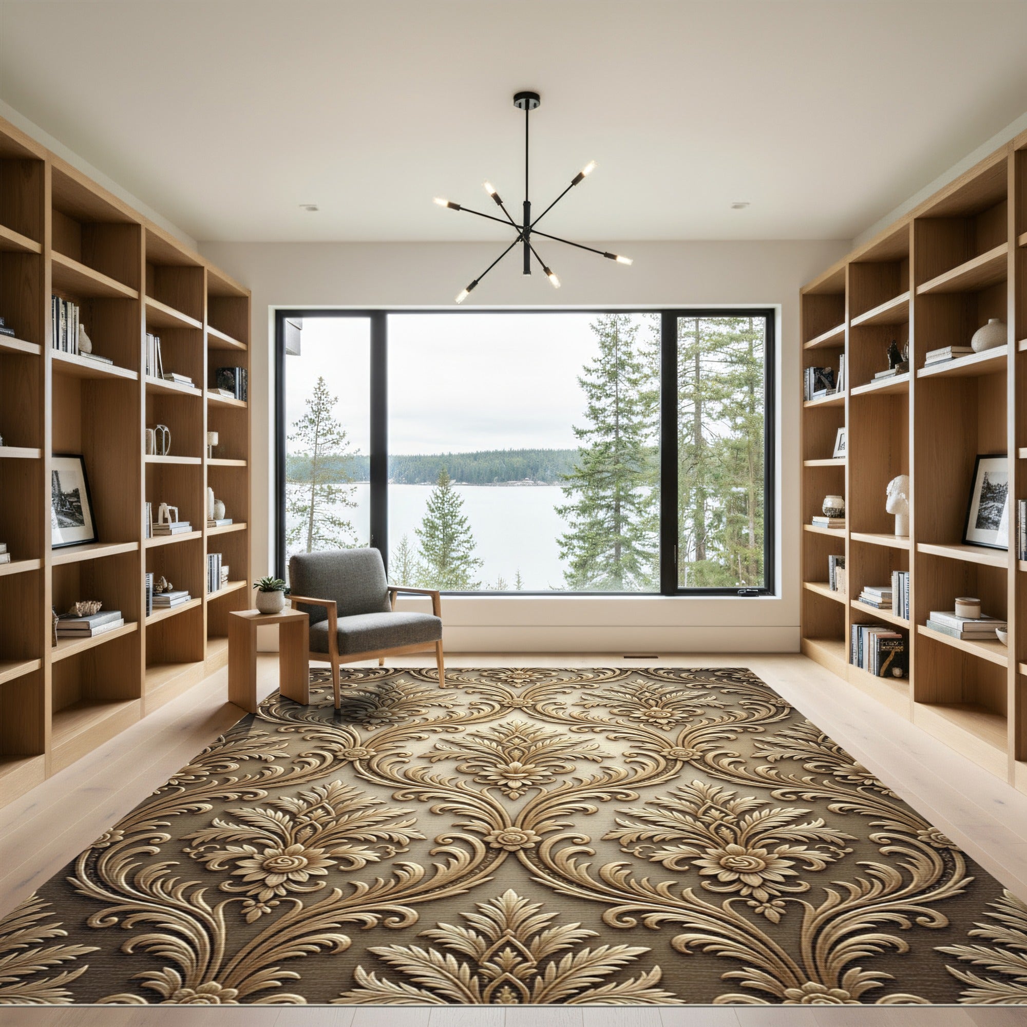 Golden Floral Acanthus Swirl Relief Rug