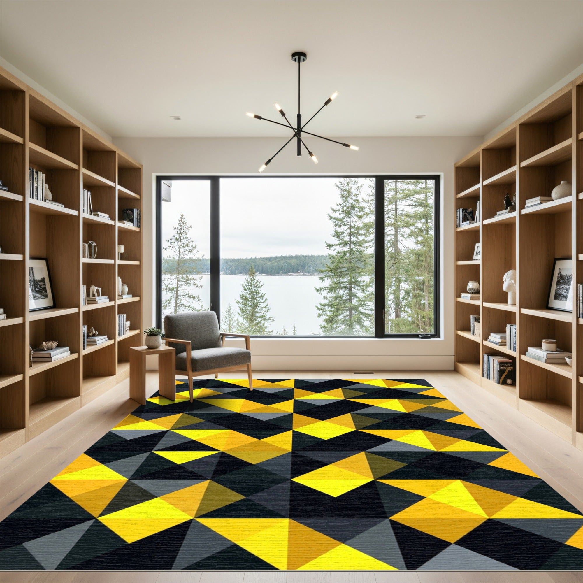Bold Yellow and Black Geometric Triangle Rug