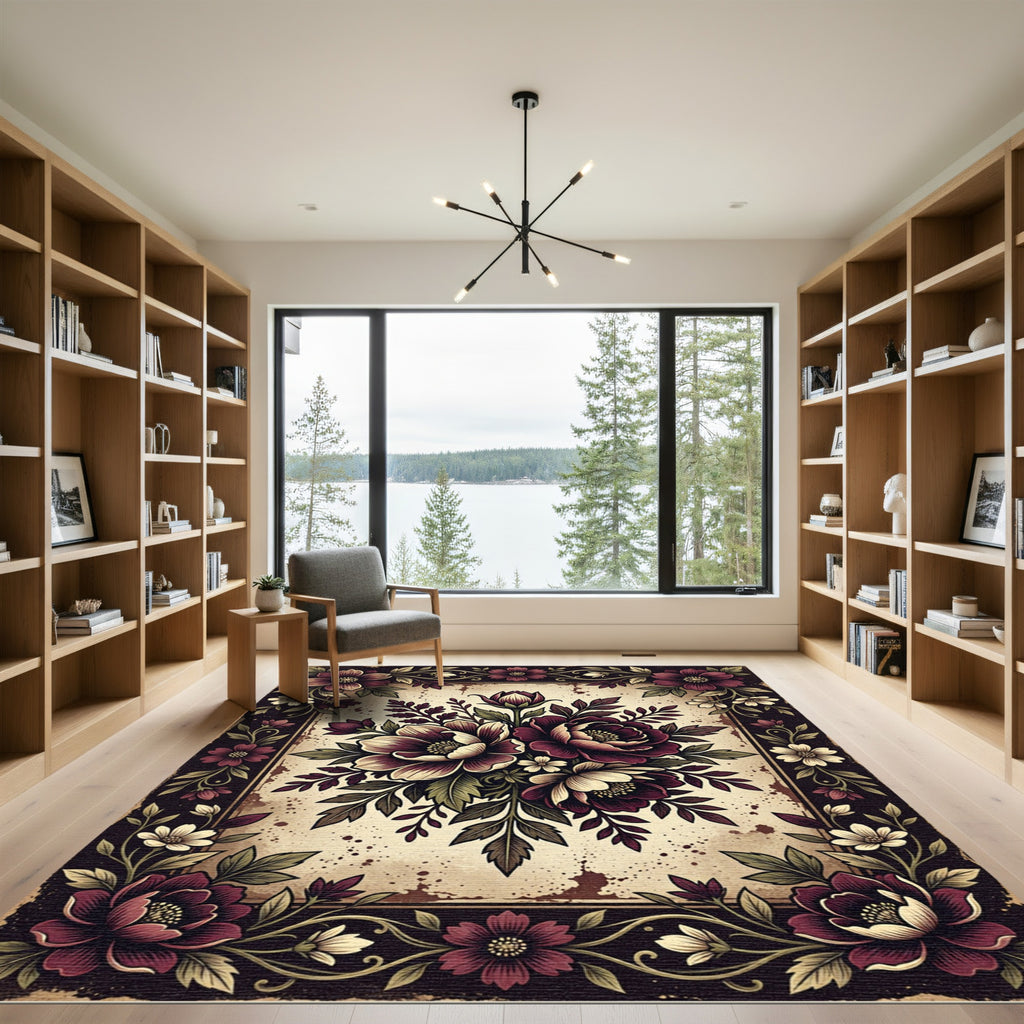 Dark Burgundy Floral Bouquet Border Rug