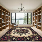 Dark Burgundy Floral Bouquet Border Rug