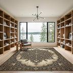 Ornate Antiqued Gold Floral Medallion Rug