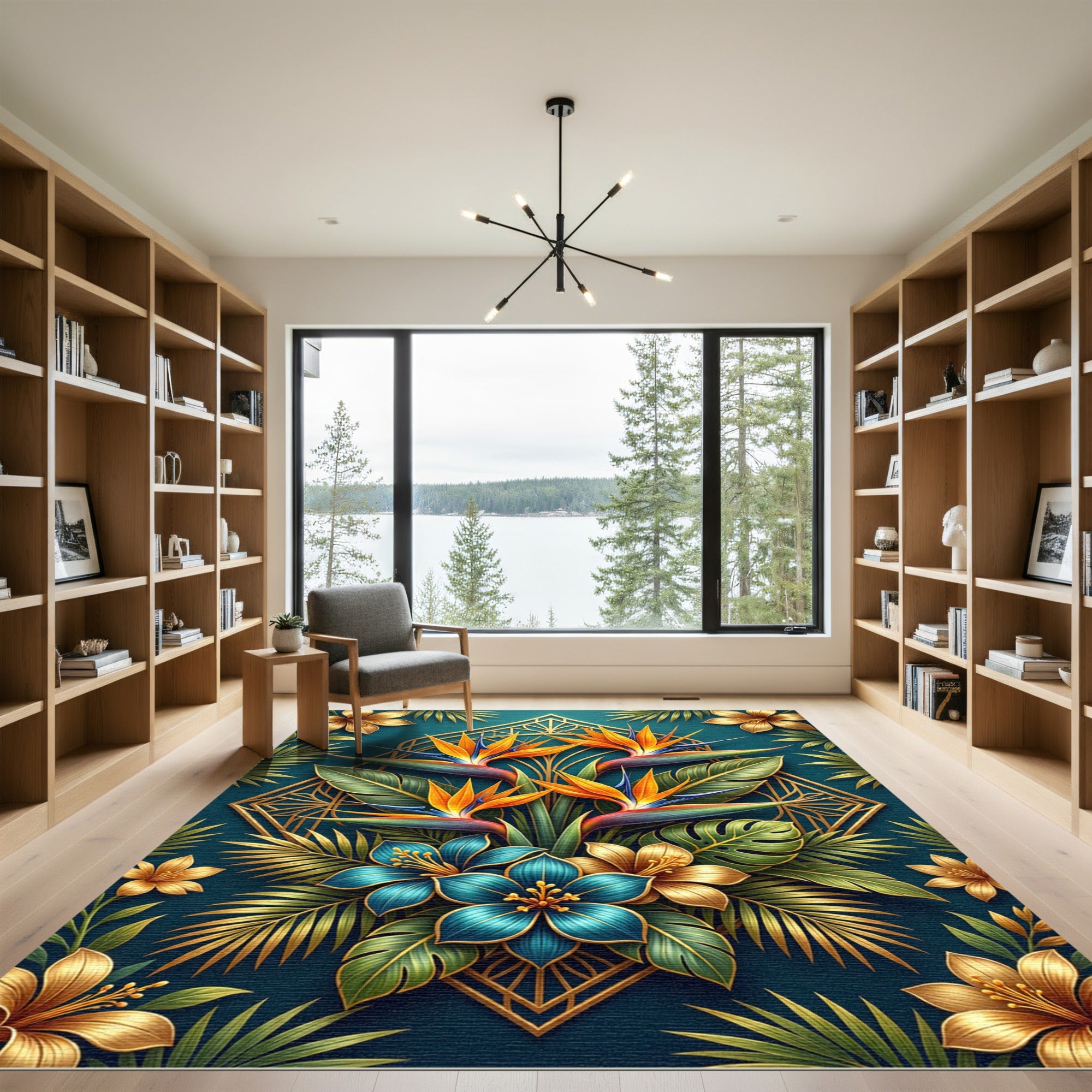 Golden Tropical Bird of Paradise Floral Rug