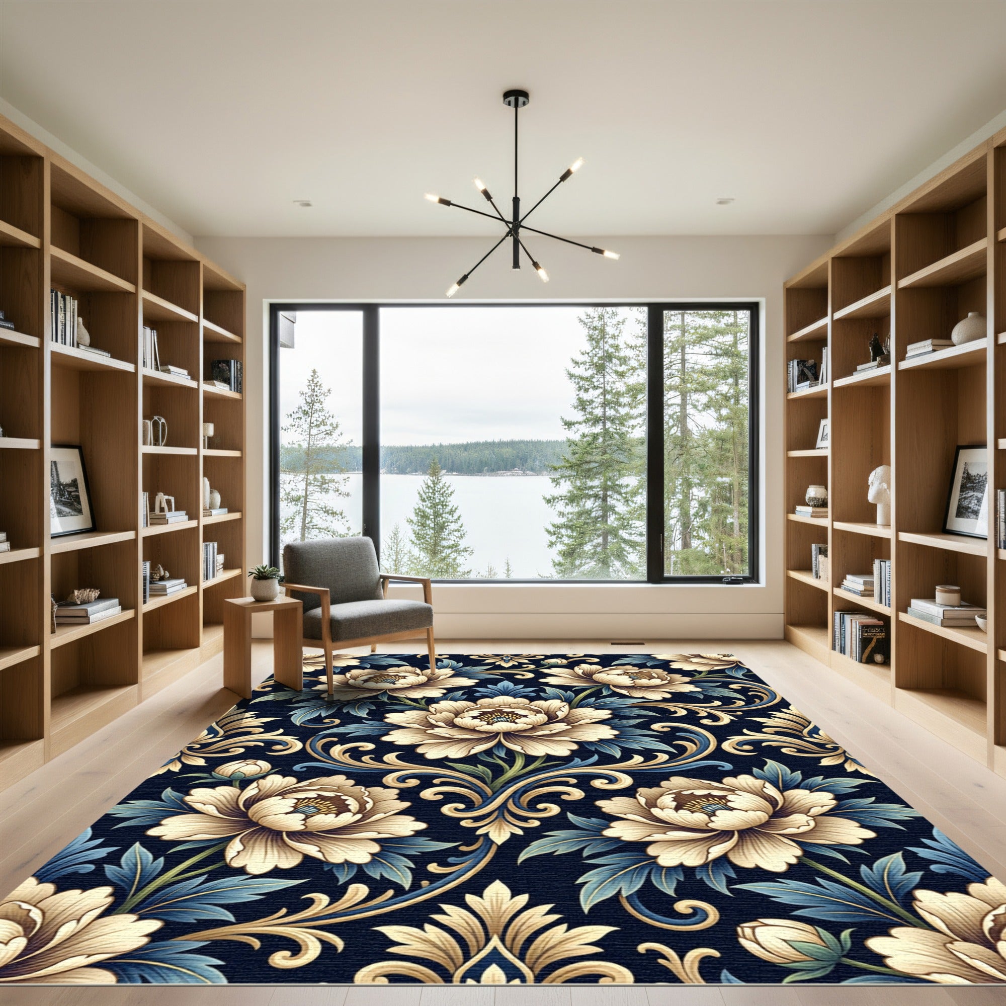 Elegant Cream Peony Gold Scroll Damask Rug