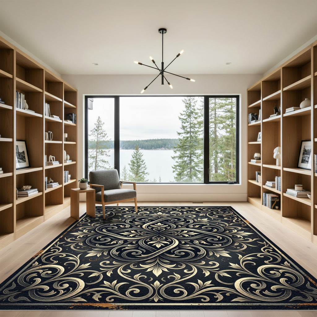 Elegance Charcoal Gold Ornate Scrollwork Rug