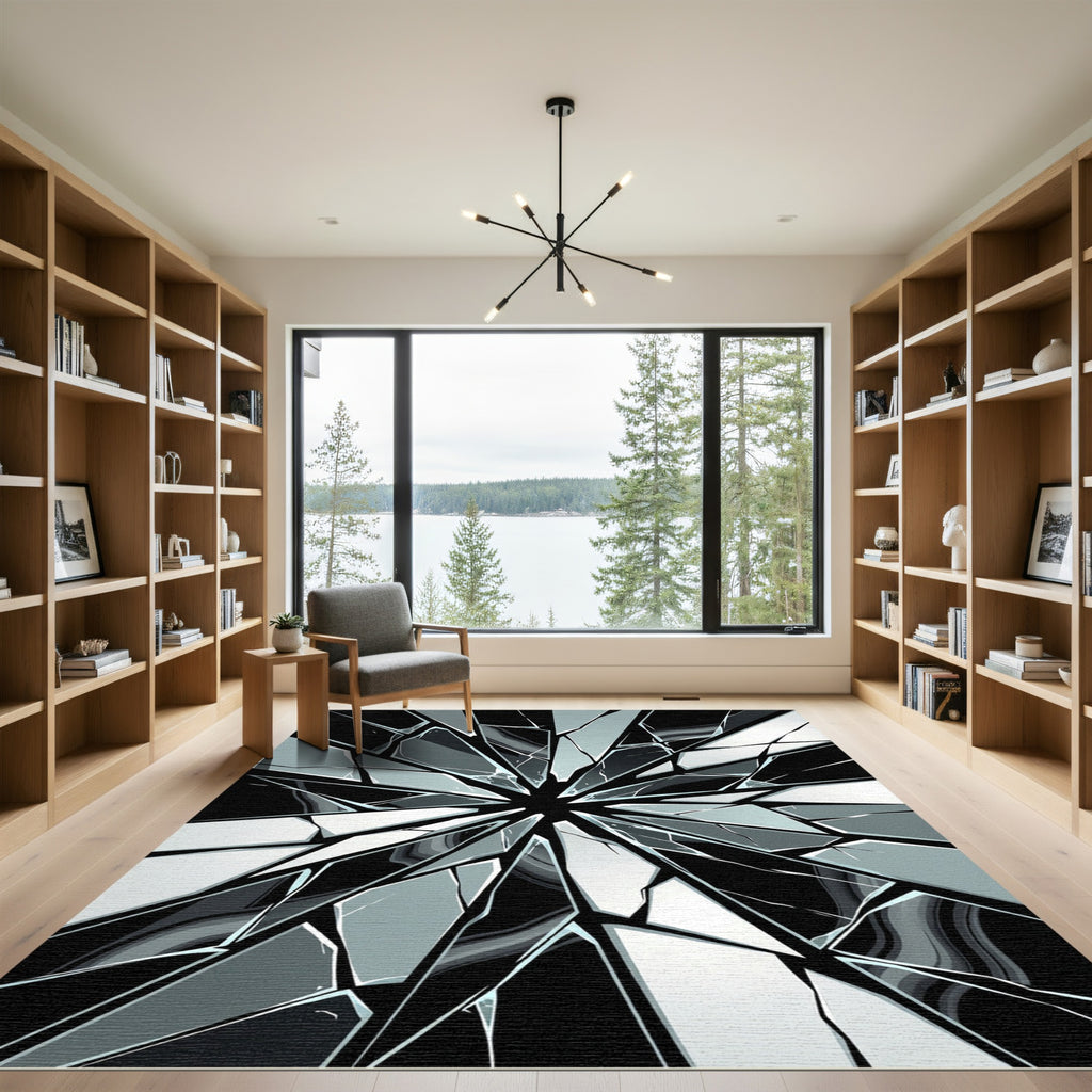 Monochrome Shattered Glass Geometric Abstract Rug