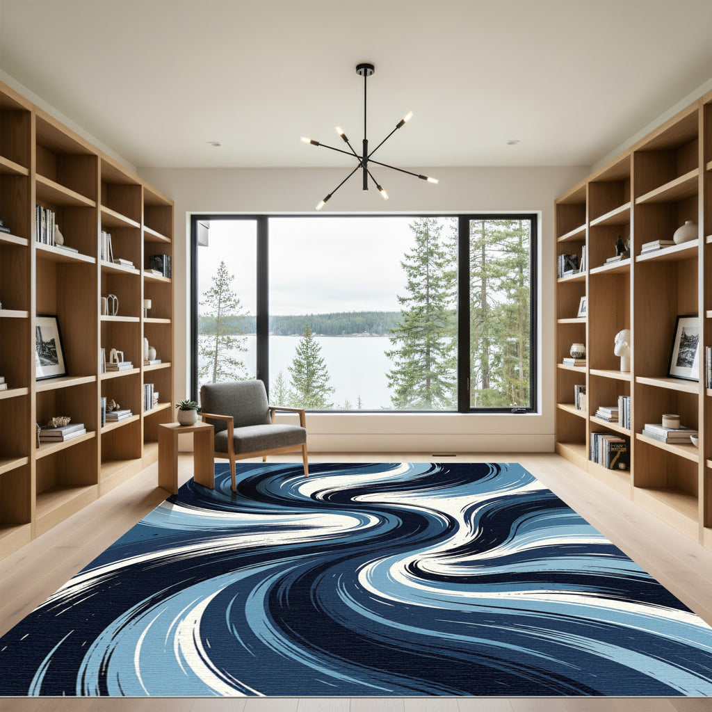 Abstract Navy Blue Swirling Wave Rug