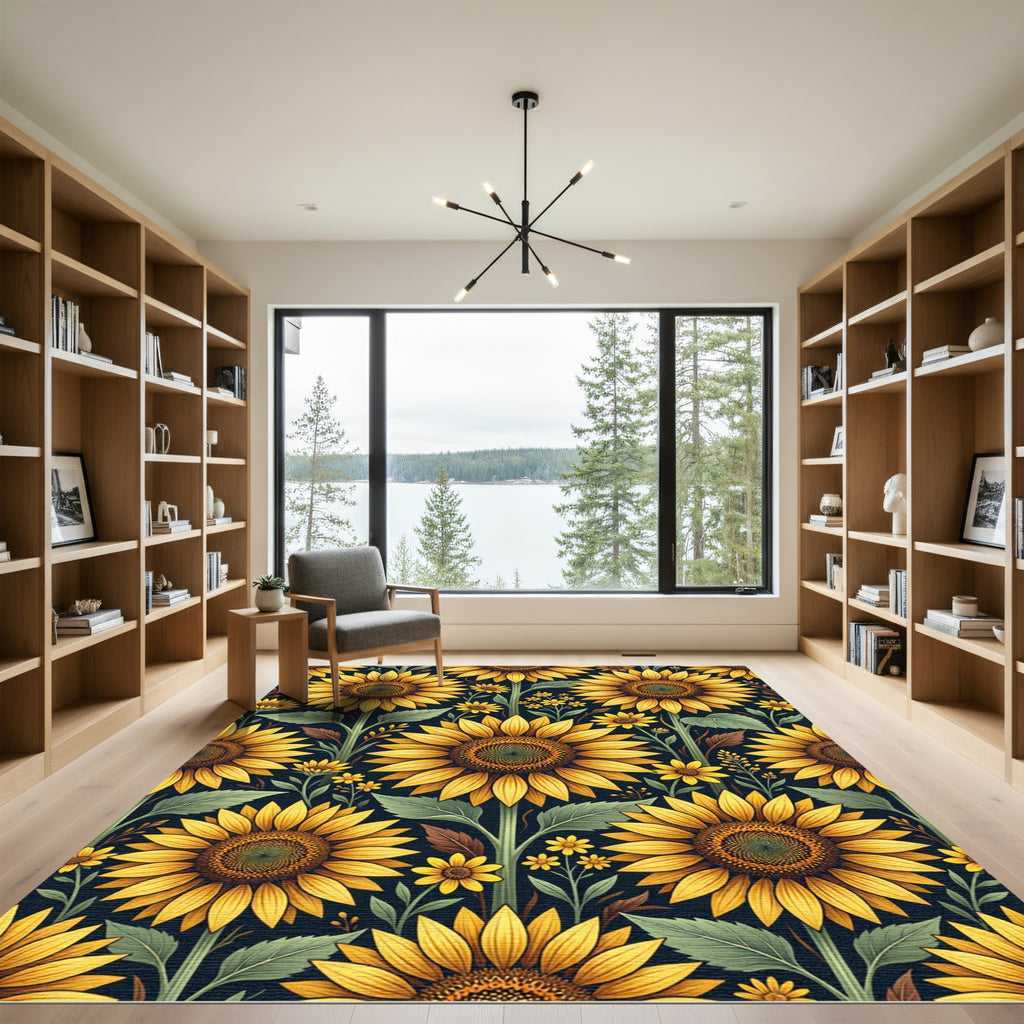 Vibrant Sunflowers on Dark Navy Background Rug